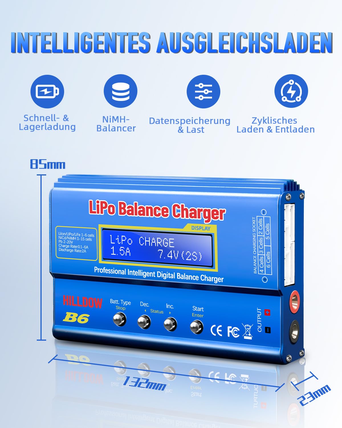 B6 Akku-Balance-Ladegerät, 80W Lipo-Balance-Ladegerät/-Entlader mit Netzteil für NiMH (1–15s), LiPo/Li-Ionen/Life-Akku (1–6s), RC-Hobby-Akkuladegerät, XT-60/JST/T-Anschlüsse