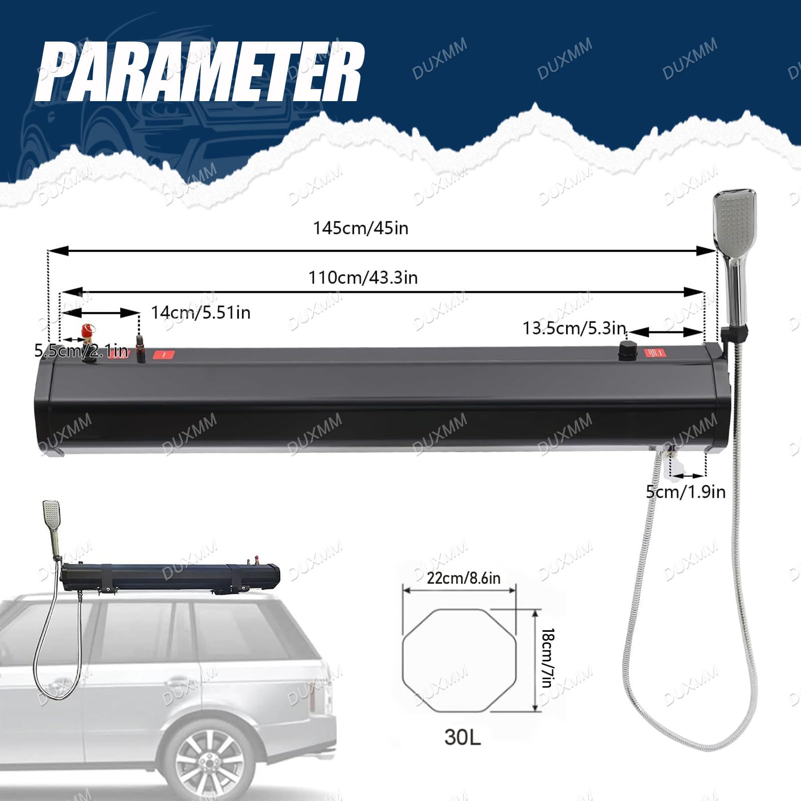 Réservoir d'eau pour galerie de Toit extérieure, Douche de Toit pour Tout-Terrain, avec Tuyau d'eau de 1,5 m et pommeau de Douche, pour SUV, Camping-Cars et véhicules Tout-Terrain 30L