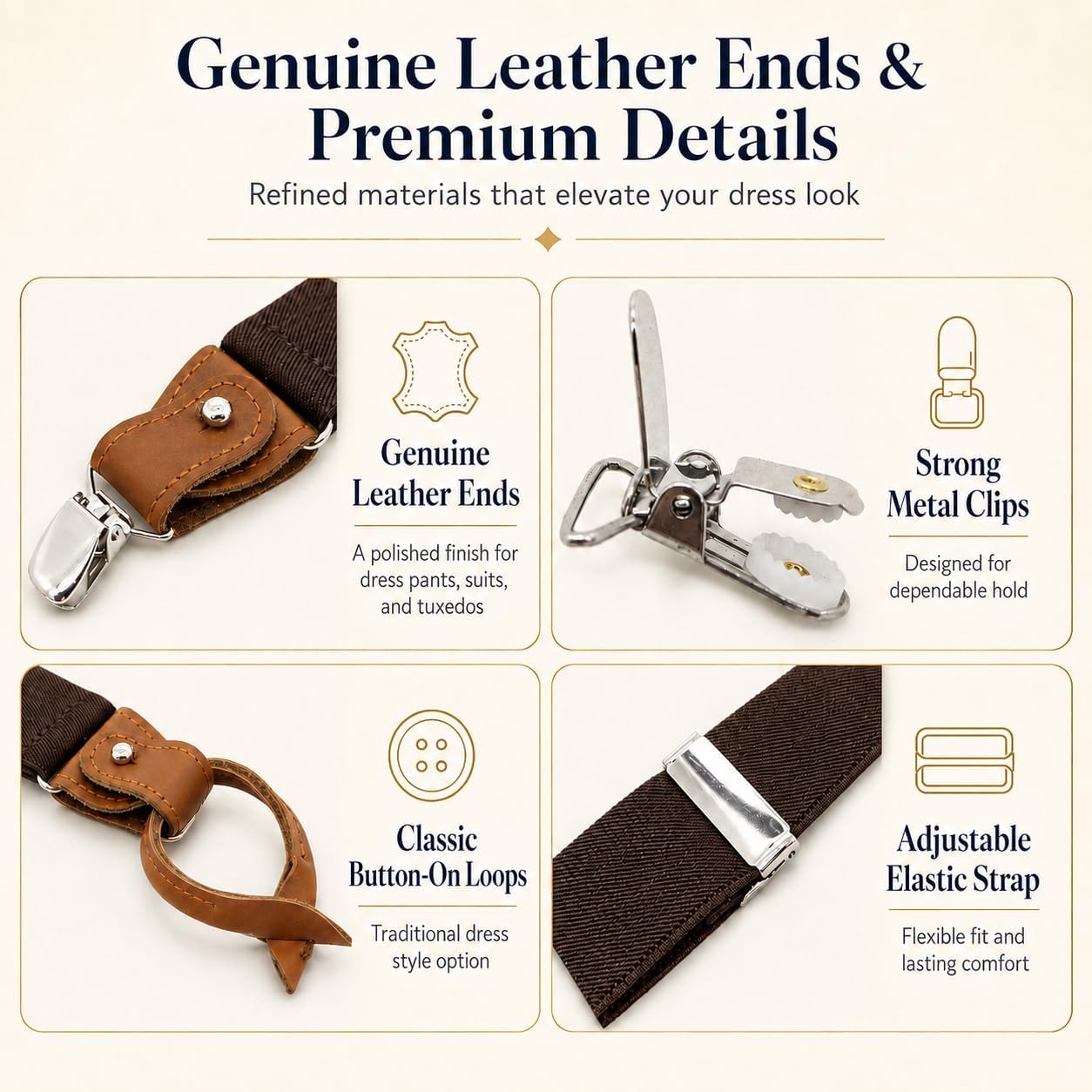 Button Suspenders for Men, Clip-On & Button-On, Genuine Leather Ends