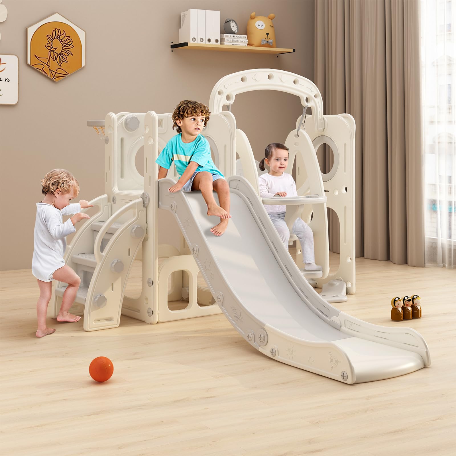 Banasuper 6 in 1 Kids Slide Set with Swing, Climber, and Basketball Hoop Durable Toddler Extra-Large Playground for Indoor and Outdoor Fun Children Swing Set with Storage Space