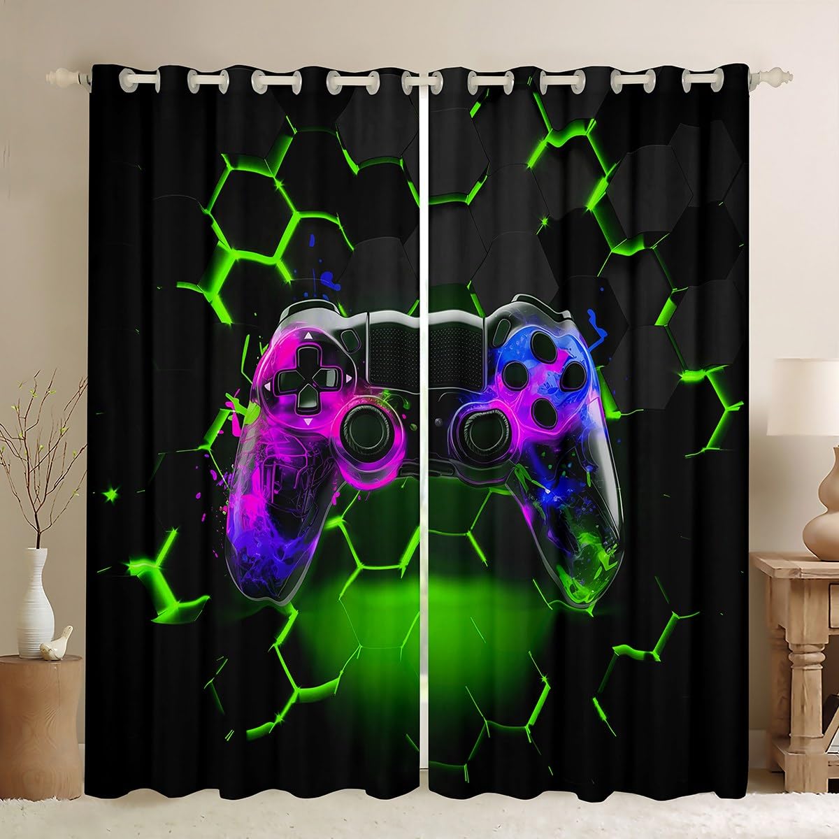 Manfei Gaming Blackout Curtain Green Honeycomb Gamepad Window Drapes for Kids Boy Teen Room Decor, Videogame Controller Window Treatments Grommet Top 2 Panel Set Bedroom Curtains, 66Wx90L inch โ image 1