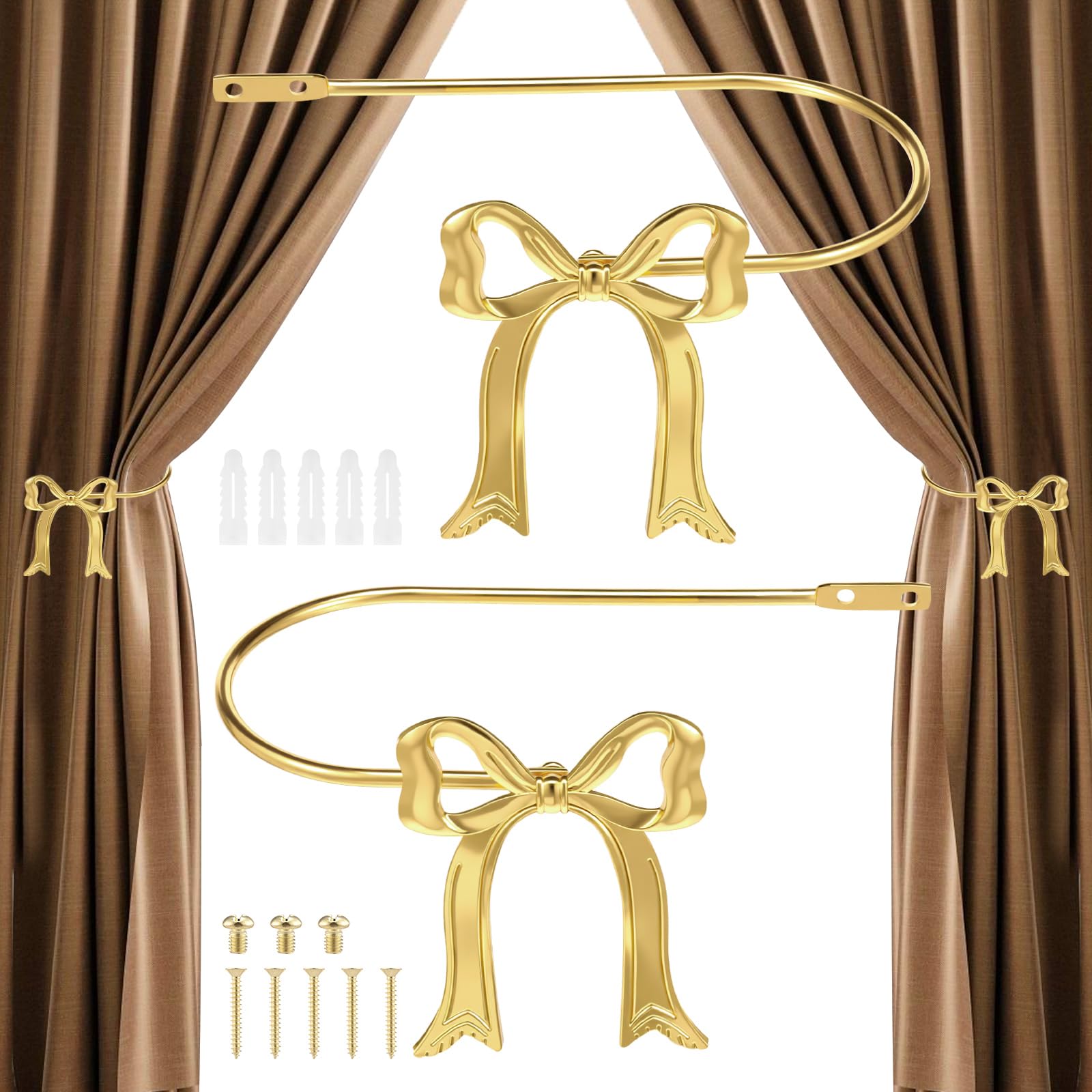 2 Pack Metal Bow Curtain Holdbacks Wall Mounted Decorative Gold Bow Knot Curtain Tieback Modern Window Drapery Holdback Hook for Home Bedroom Living Room Bathroom(golden A)