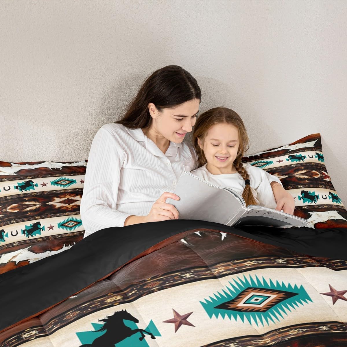 Feelyou Horse Comforter Set Cowhide Cow Print Retro Fur Bedding Set with 2 Pillow Cases Boho Rustic Farmhouse Style Kids Queen Bedclothes Exotic Geometric Bedroom Decor Western Aztec Duvet Quilt