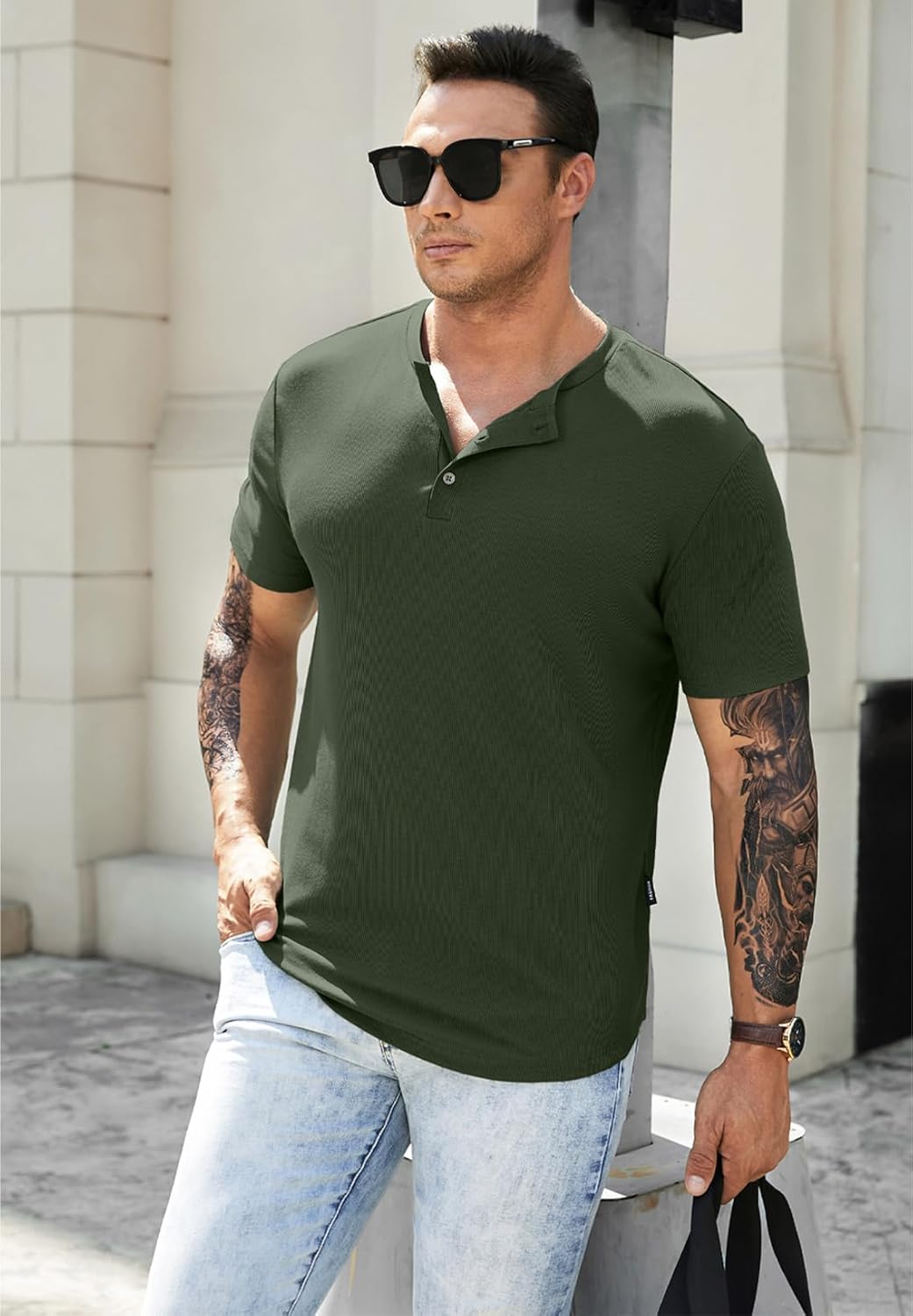 JMIERR Men's Muscle Slim Henley Shirts Crewneck Longline T-Shirt Gym Workout Athletic Shirt Tees with Button - Image 8