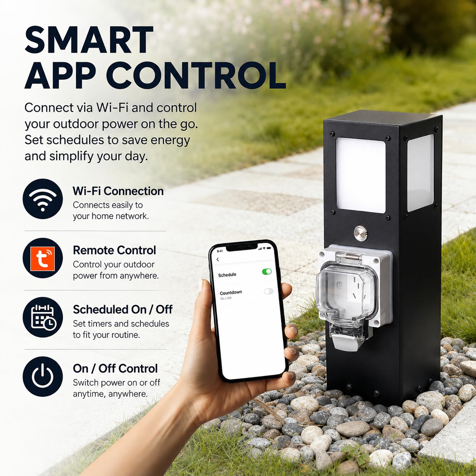 Colonnina da Giardino con Presa Ip66, Rubinetto E Luce LED, Acciaio Inox A600 3