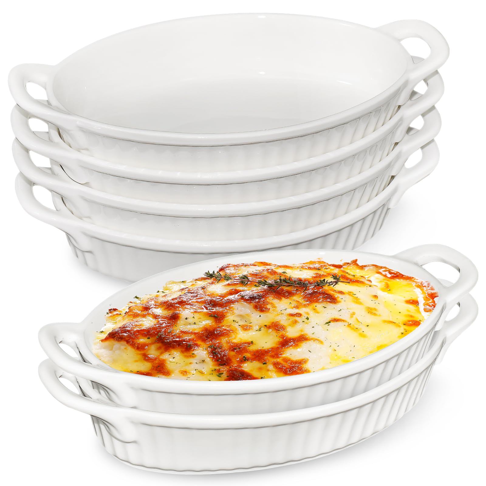 6 Set Ceramic Baking Dishes, 450ml Round Ramekins With Handles