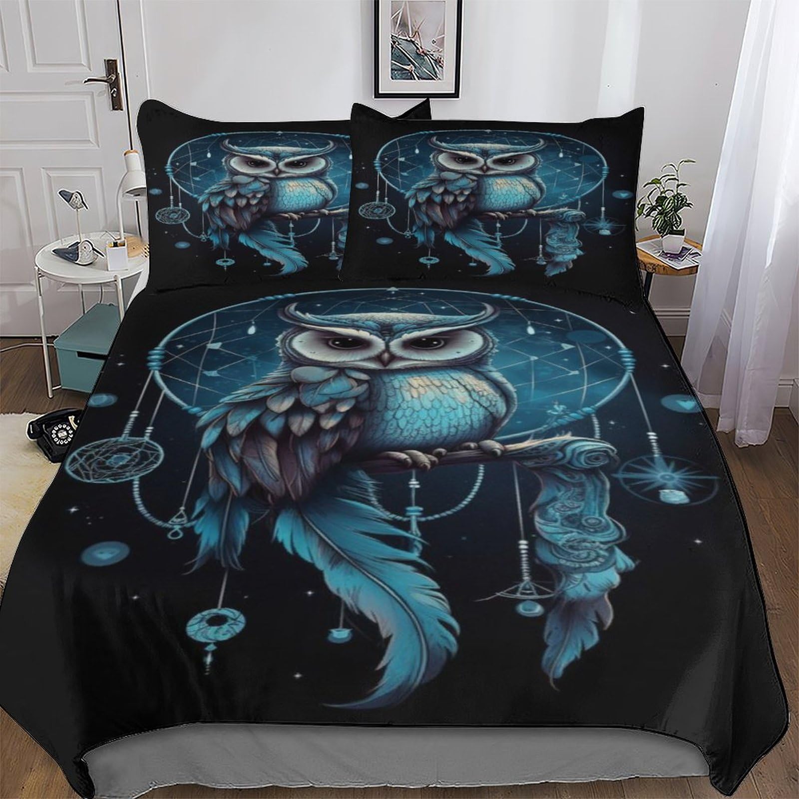 Owl Duvet Cover Set 3D Bedding Set Microfiber Comforter Cover 3pcs with Pillow Shams, Zipper, Soft Lightweight Quilt Covers for Kids, Youth And Adult Double (200x200cm)