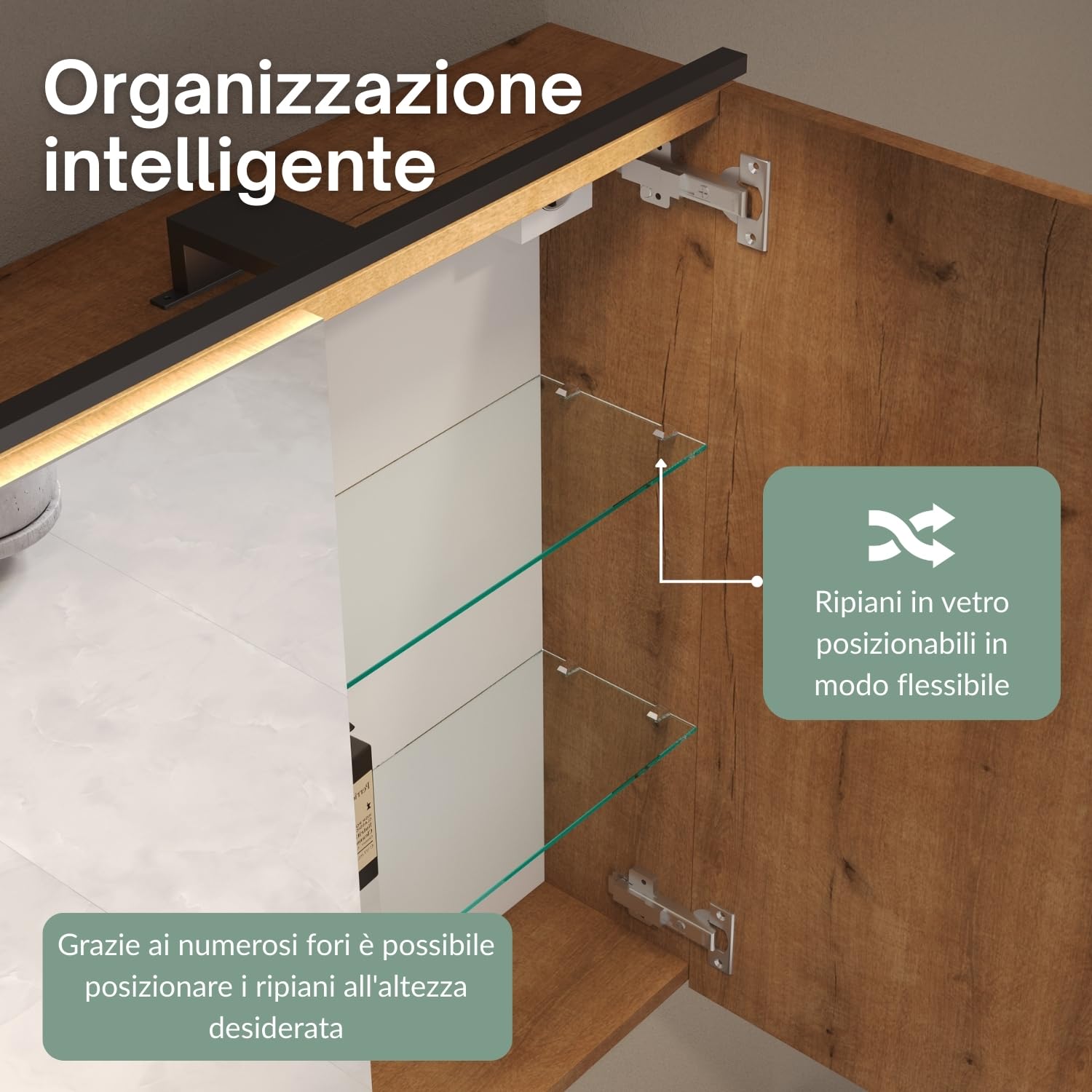 Planetmöbel ARIA Armadio a specchio con illuminazione, 120 x 70 x 16 cm, Armadietto da bagno sospeso con specchio, Rovere dorato, con lampada e presa elettrica, per bagno ospiti