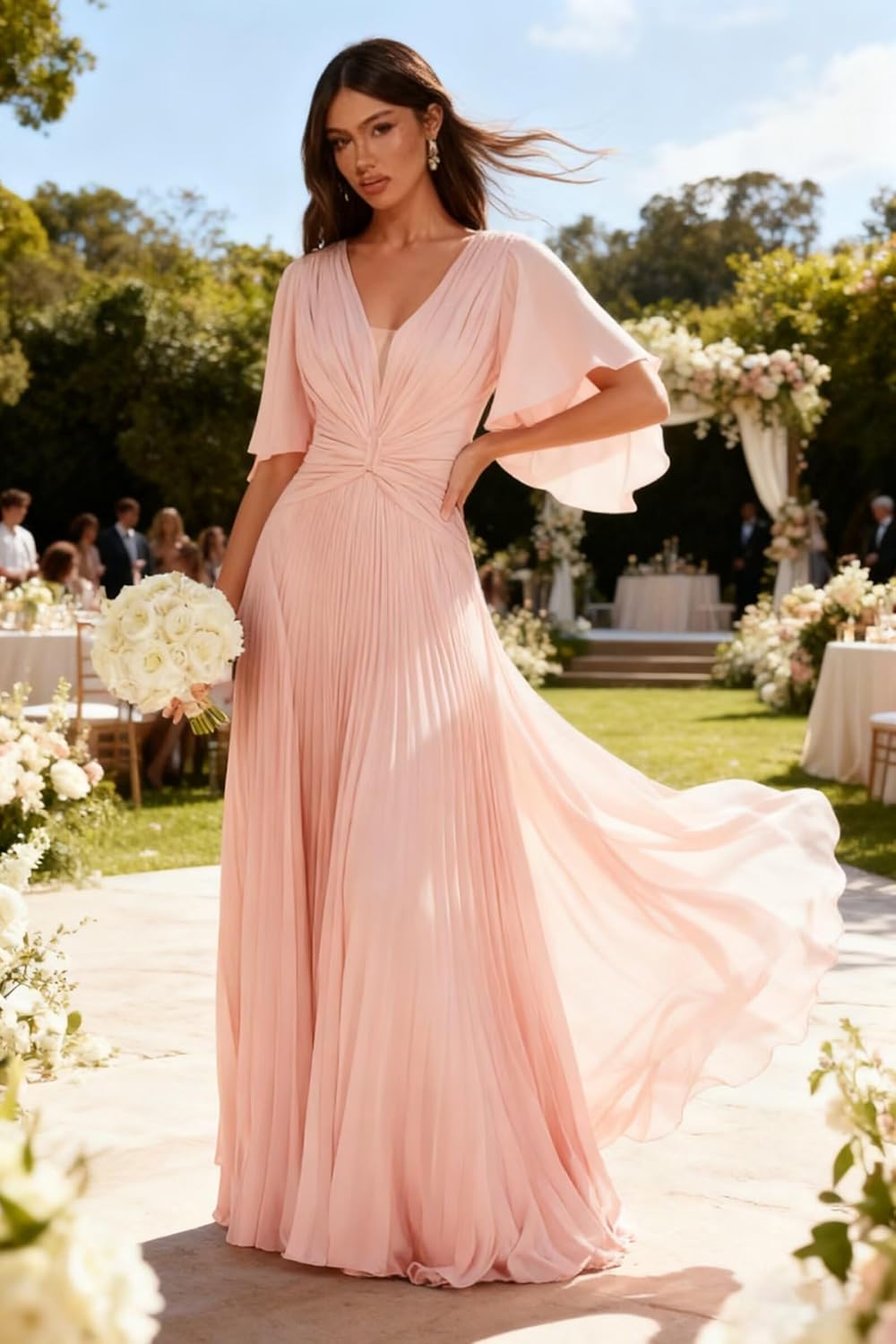 Ouyisha Flutter Sleeves Chiffon Bridesmaid Dresses A Line Pleated Flowy Formal Wedding Guest Dresses - Image 2