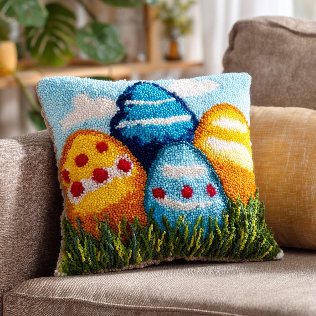 WallustrioaW Latch Hook Kit Cushion Latch Hook Kit,Easter Eggs in the Flower Bushes,Sofa Cushion Cover Embroidery Craft for Adults and Beginners,17x17in