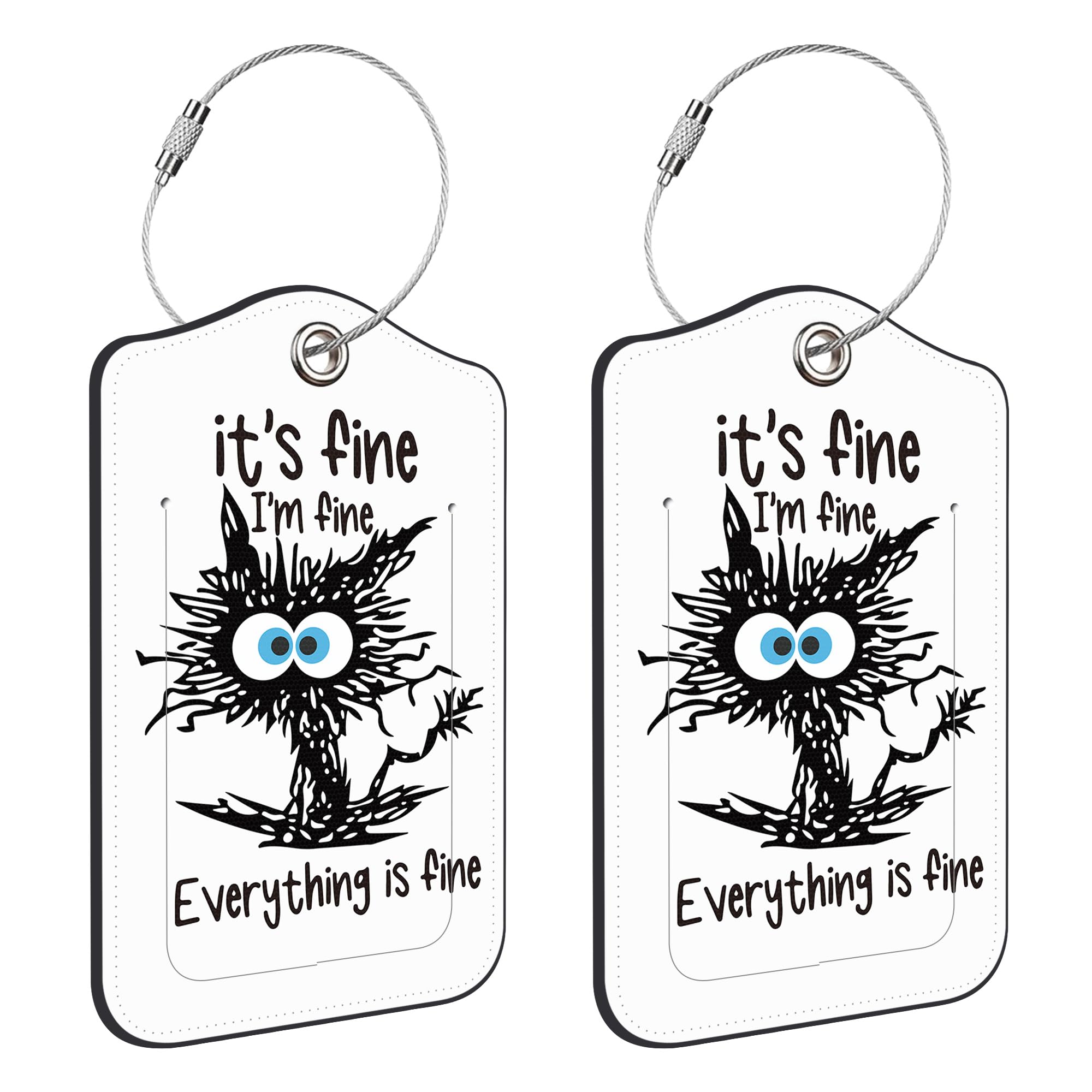 Neidius 2 Pack Luggage Tags for Suitcase,I'm Fine PU Leather Luggage Tags with Privacy Cover Name Address Labels and Steel Ring,Creative Travel