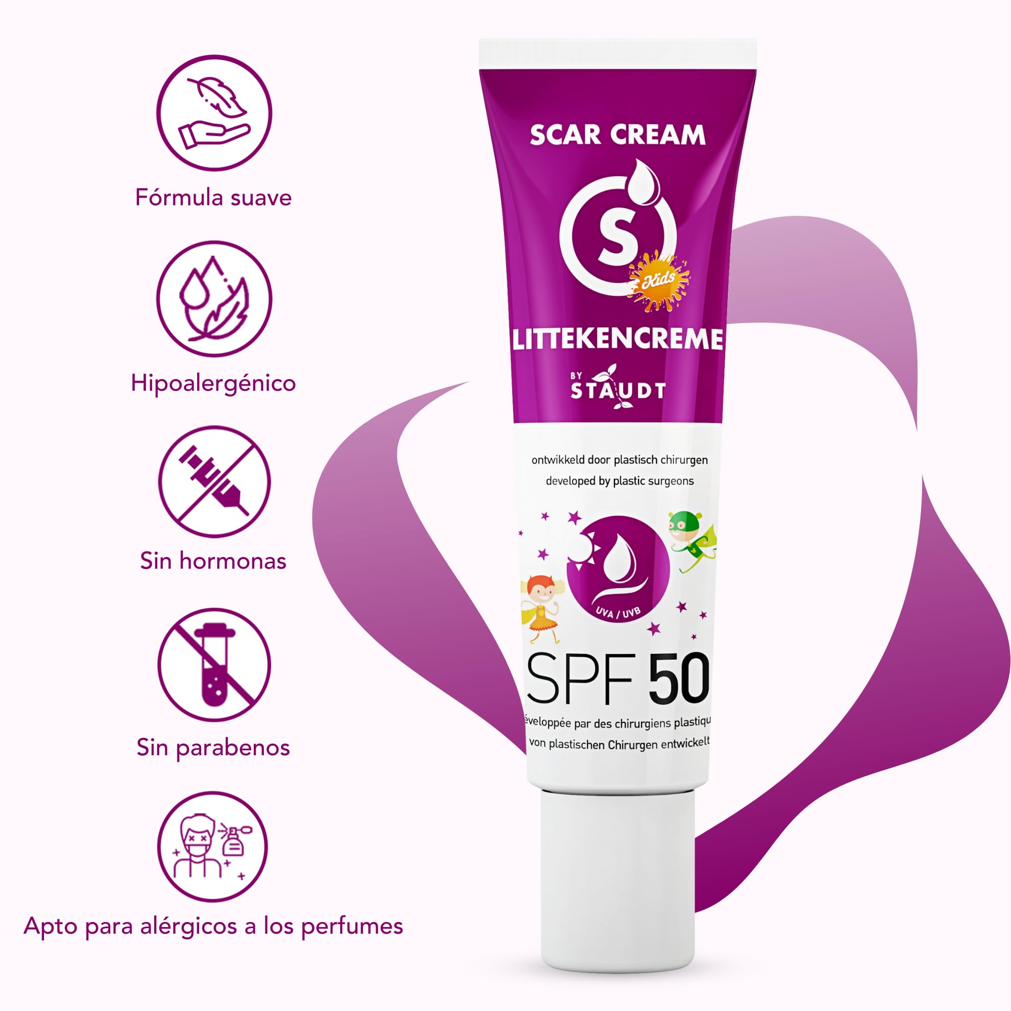 Crema Cicatrices Staudt Premium para Niños con Protección SPF50 - Gel de Silicona Pediátrico para Piel Sensible - Fórmula Hidratante con Alantoína y Aloe - Protección UV Confiable - 40ml