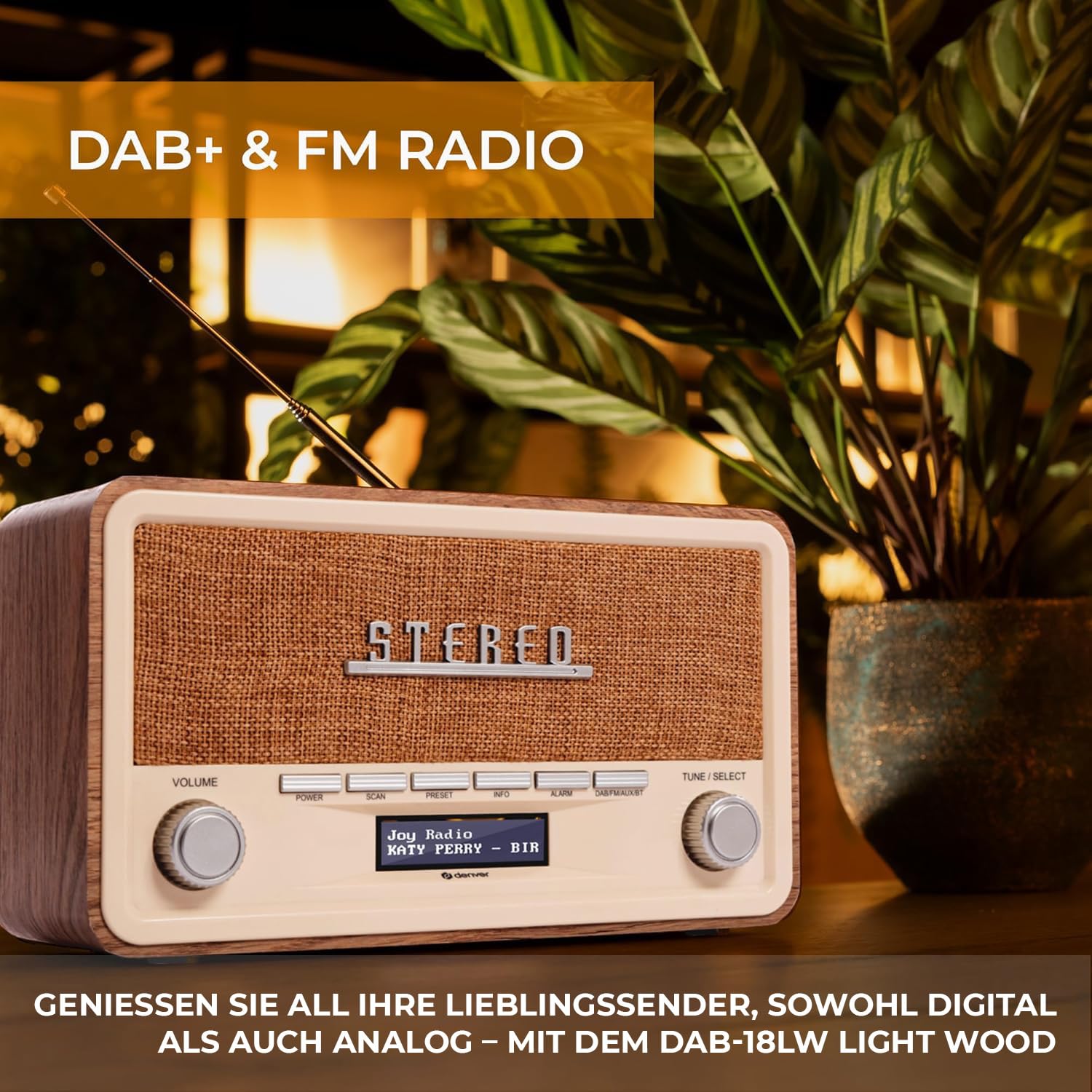 Denver Retro DAB-18 Digitalradio | DAB Plus Radio mit Bluetooth & FM | 2x20W Stereo-Lautsprecher | Kleines Radio mit Netzstecker | Küchenradio DAB mit gutem Klang | LCD-Display & Weckfunktion | DAB Plus & FM & Bluetooth, 2x20W Stereo-Lautsprecher, LCD-Dis