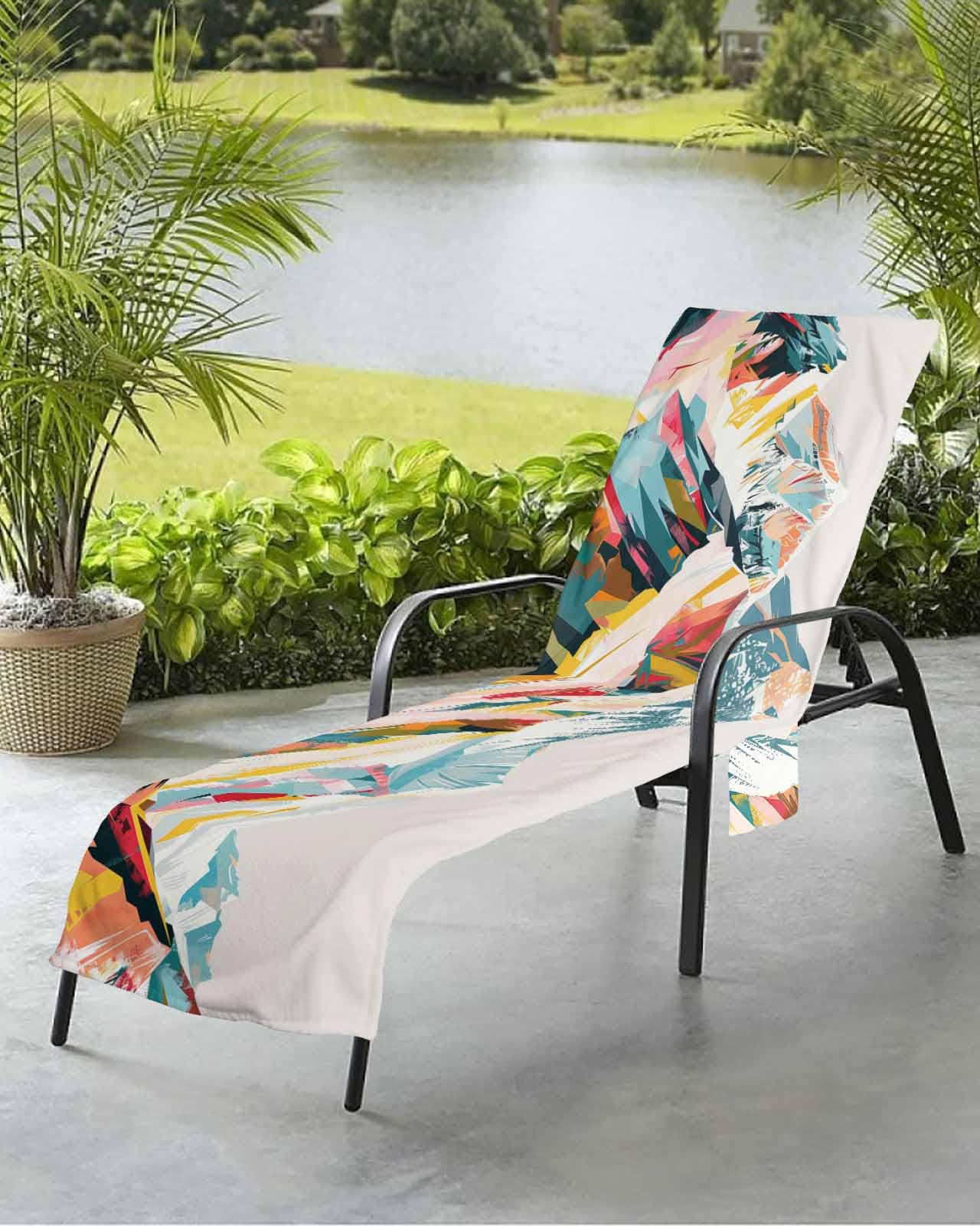Mountains Teal Beach Chair Towel Covers for Chaise Lounge with Side Pocket, Soft Plush Pool Towels Cover for Patio Sunbathing Outdoor Yellow Red Turquoise Abstract Painting Art 29''x85''