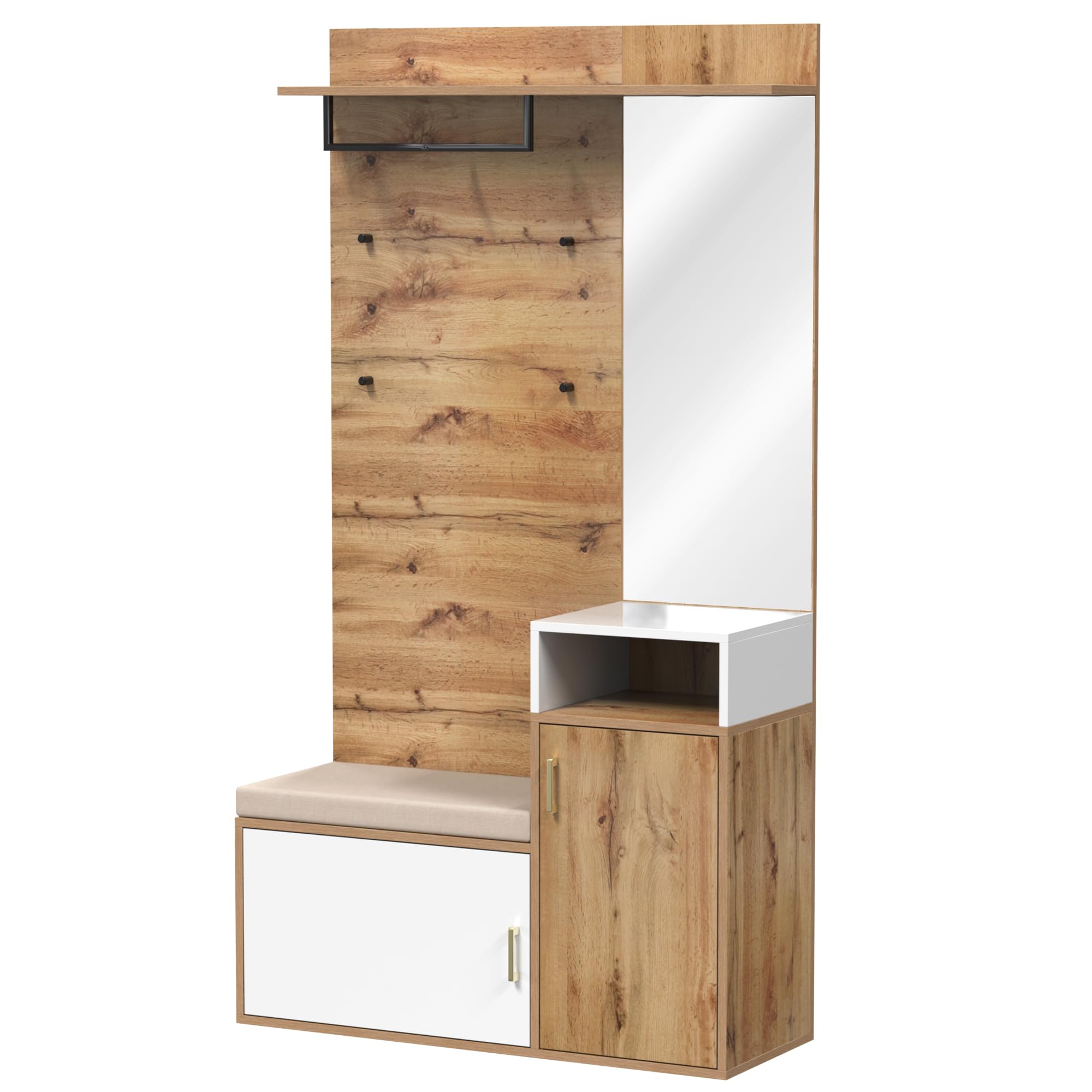 Garderobe Set mit Spiegel und Schuhschrank, Garderobenset mit Wandgarderobe und Sitzbank, Flurgarderoben Set mit Ablagefach, Flur möbel, Garderobenschrank, Weiß+Holzfarbe, 105×40×191.5 cm