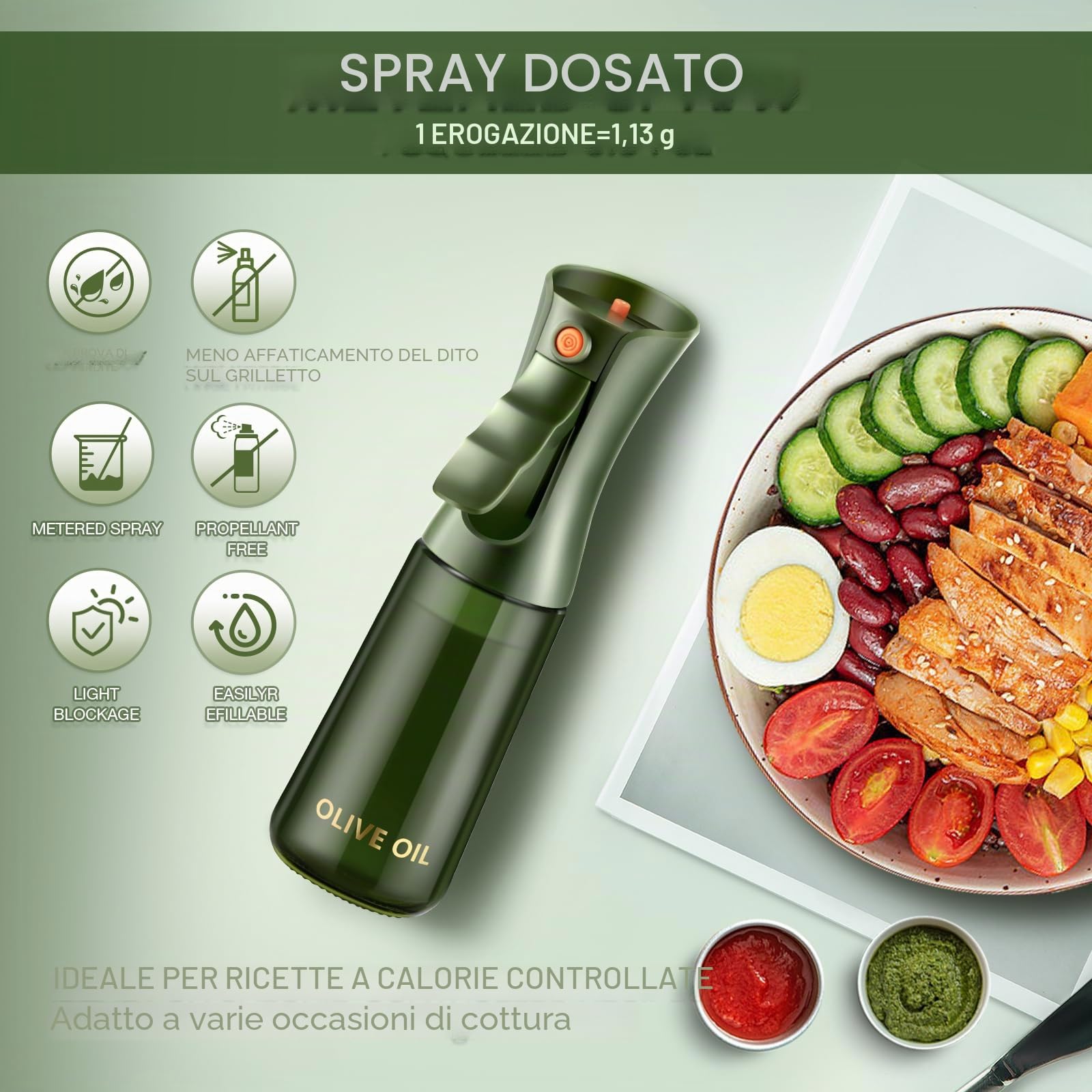 Spray per Olio in Vetro per Friggitrice ad Aria e Cucina, Vaporizzatore d’Olio con Controllo delle Porzioni per Airfryer, Cucinare e Cuocere al Forno – Verde oliva, 225 ml