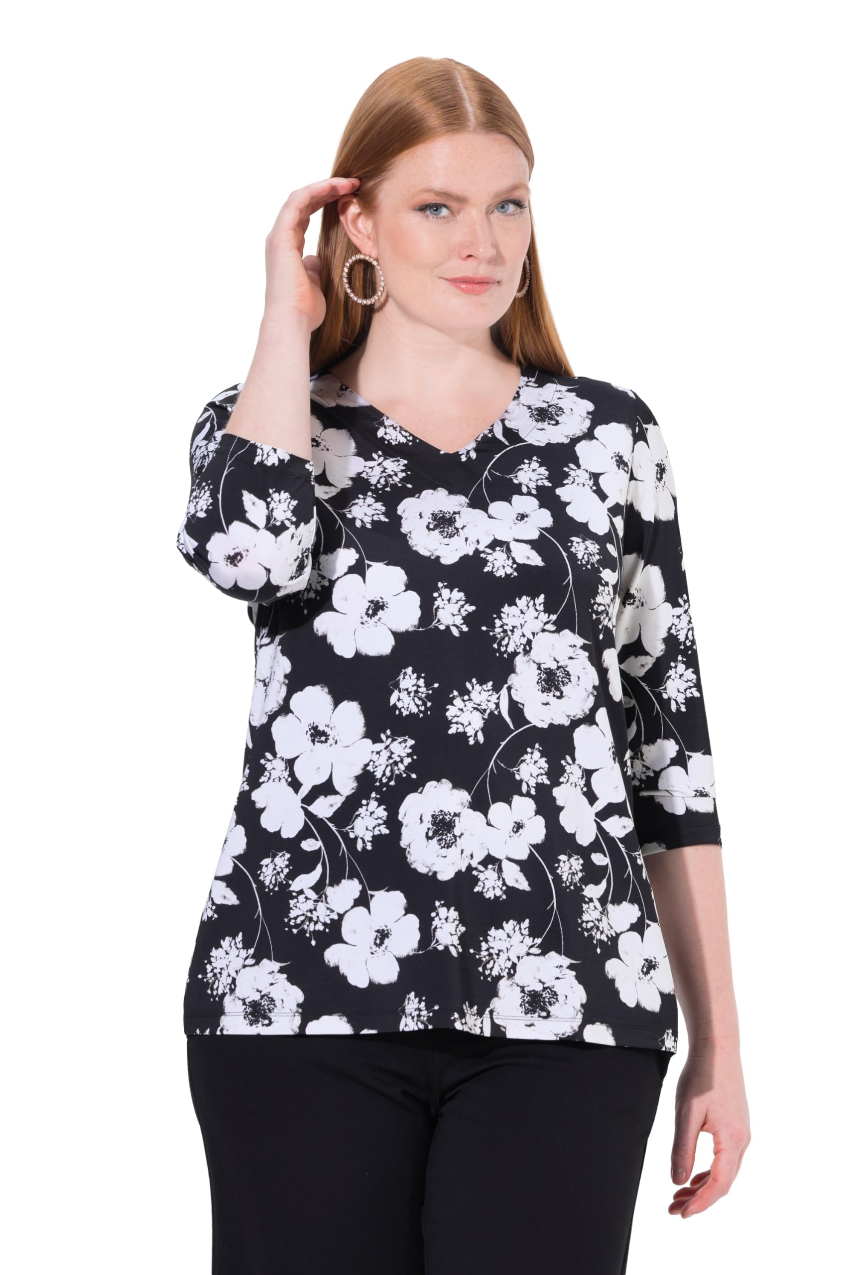 Ulla Popken Damen große Größen Übergrößen Plus Size Slinky-Shirt, Blüten, Classic, V-Ausschnitt, 3/4-Arm 845084