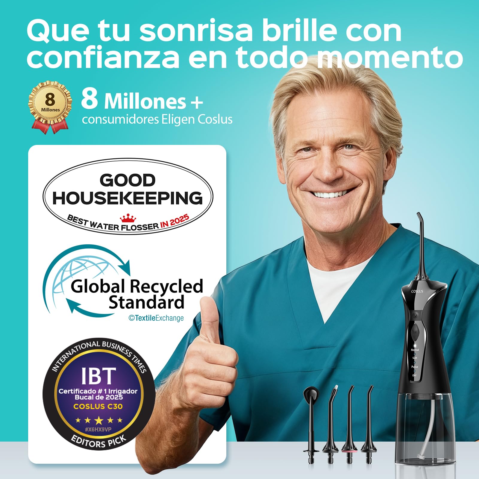 COSLUS Irrigador Bucal Portatil Irrigador Dental:4 Boquillas 4 Modos Recargable Limpiador de Riego para Limpieza Dental, 300ML IPX7 Impermeable Limpieza Dientes Para el Hogar y los Viajes Negro