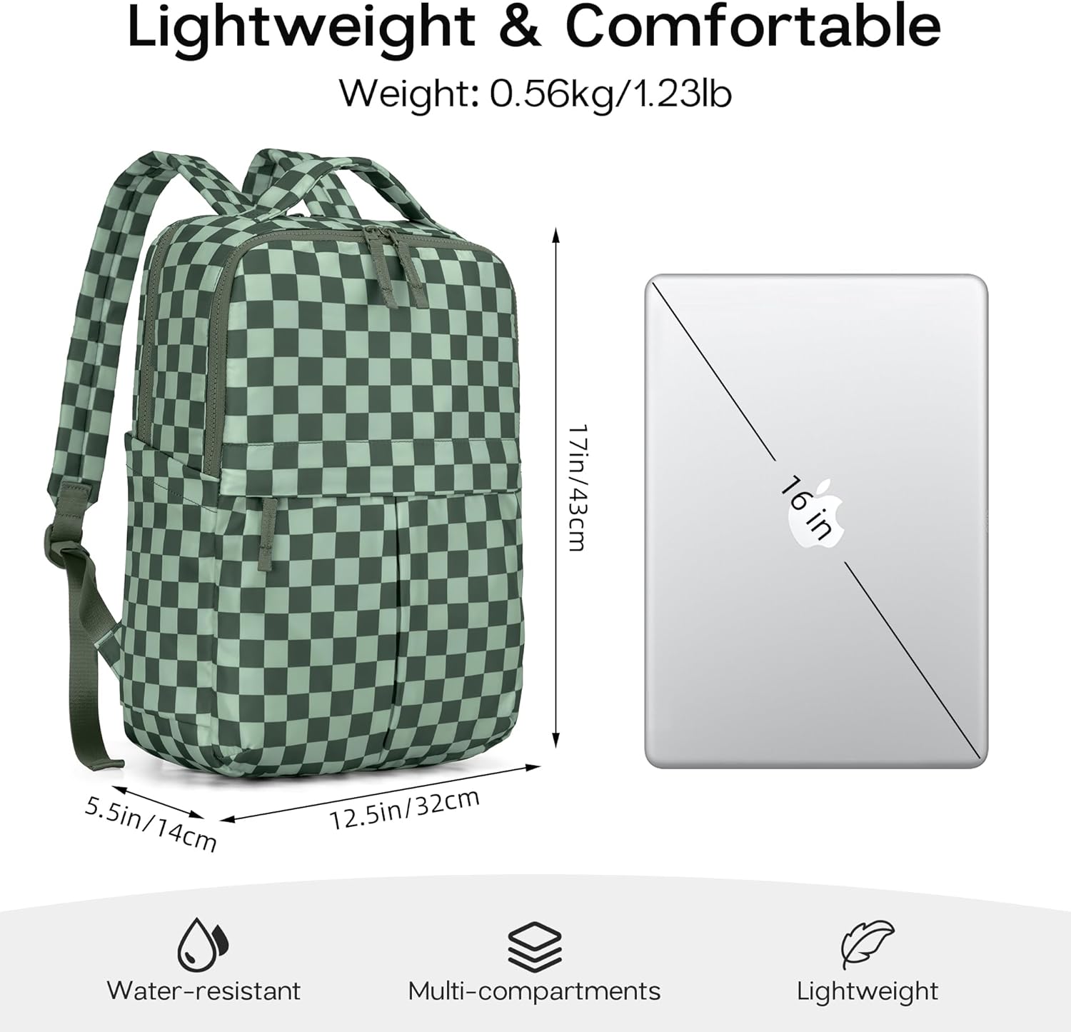 Checkered Backpack for Women Fashion Backpacks with Laptop and Multi Compartment for Travel and Work Bean Green Check - Image 3