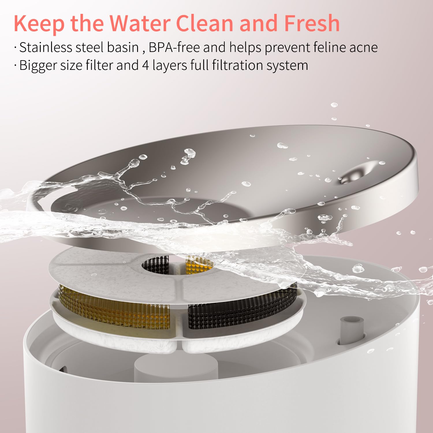 beQ Cat Water Fountain,2.5L/84oz Inside Ultra-Quiet Stainless Steel Automatic Pet Water Dispenser,BPA Free,Visible Water Level,with a Large Size Filter,Suitable for Cats & Small Dogs - image 2