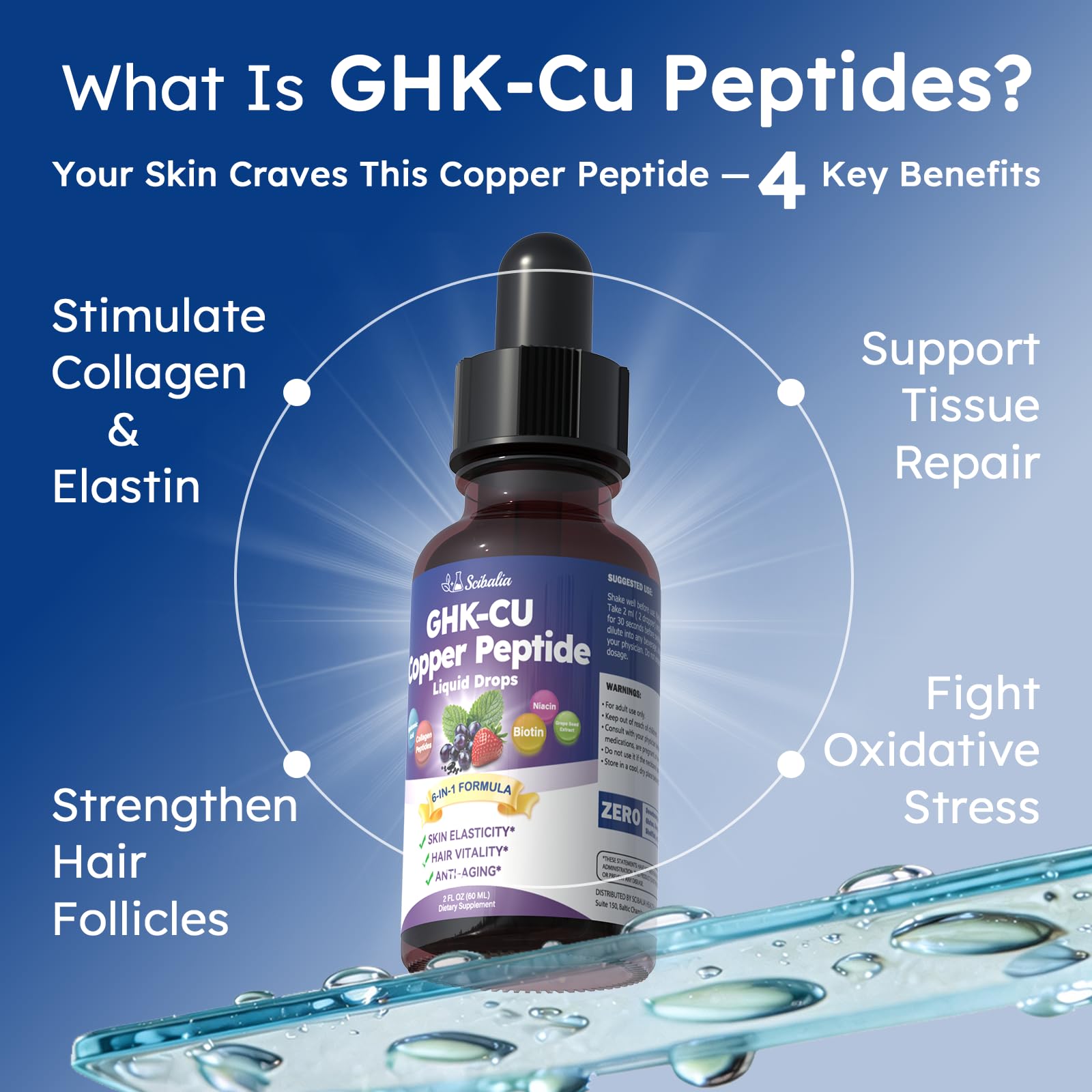 Scibalia GHK-CU Peptide Supplement Liquid Drops, Premium 6-in-1 GHK CU Copper Peptides w. Marine Collagen Hyaluronic Acid Biotin for Anti-Aging, Skin Hair Growth Support, Oral Drops丨Women Men : Health & Household