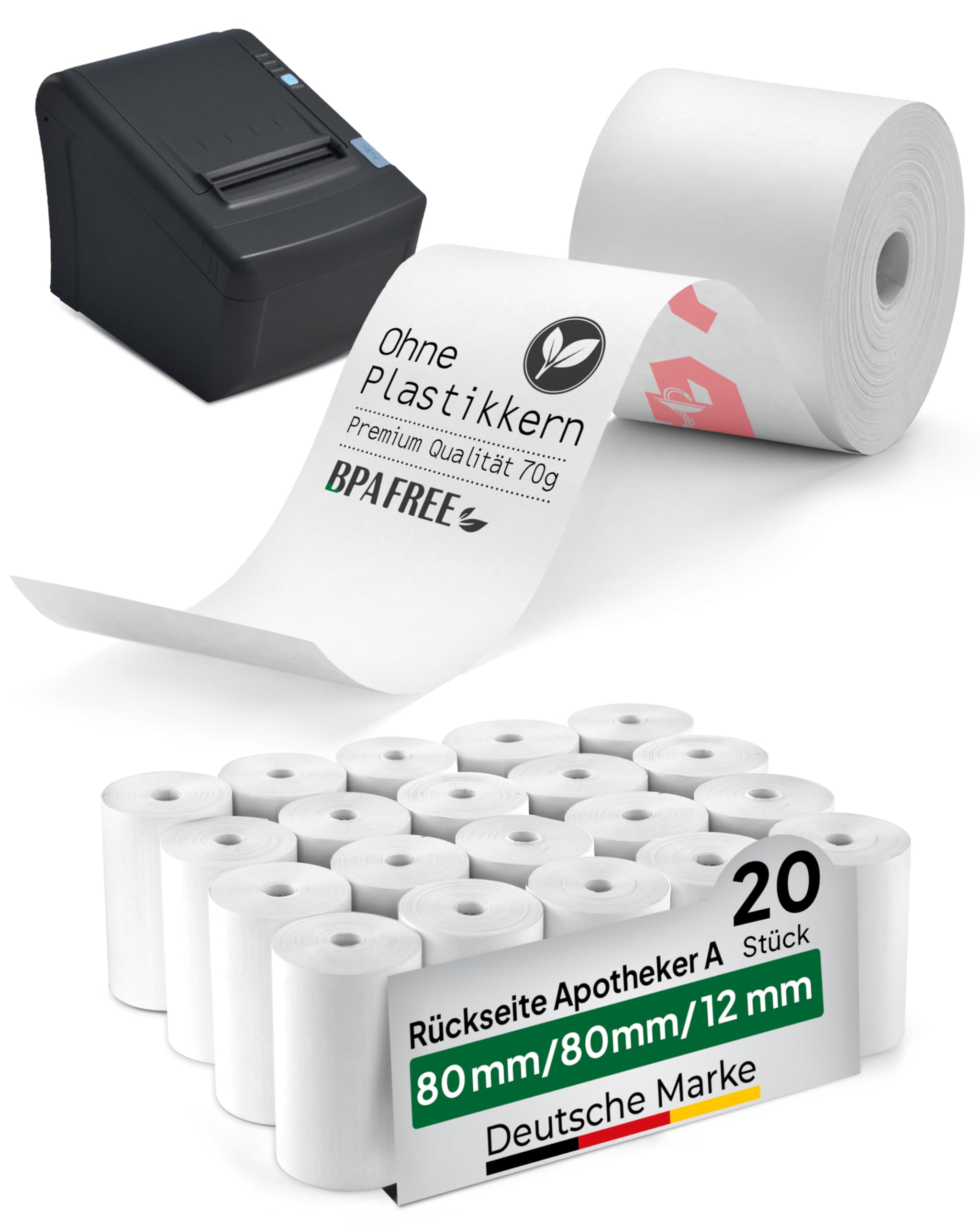 coreless - 50 Thermorollen 80mm x 80mm x 12mm mit Apotheker A ohne Plastikkern - Rolle aus Thermopapier