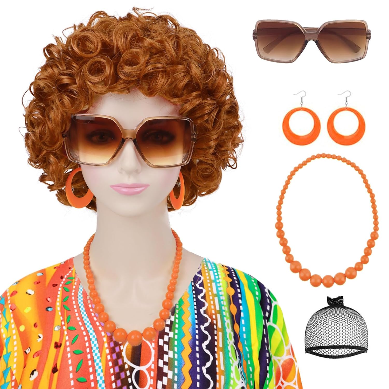 Orange Curly Wig + Sunglasses + Orange Necklace and Earrings for Landlady Costume Short Curly Wigs for Cosplay Halloween Party Use (5 Pcs Set)