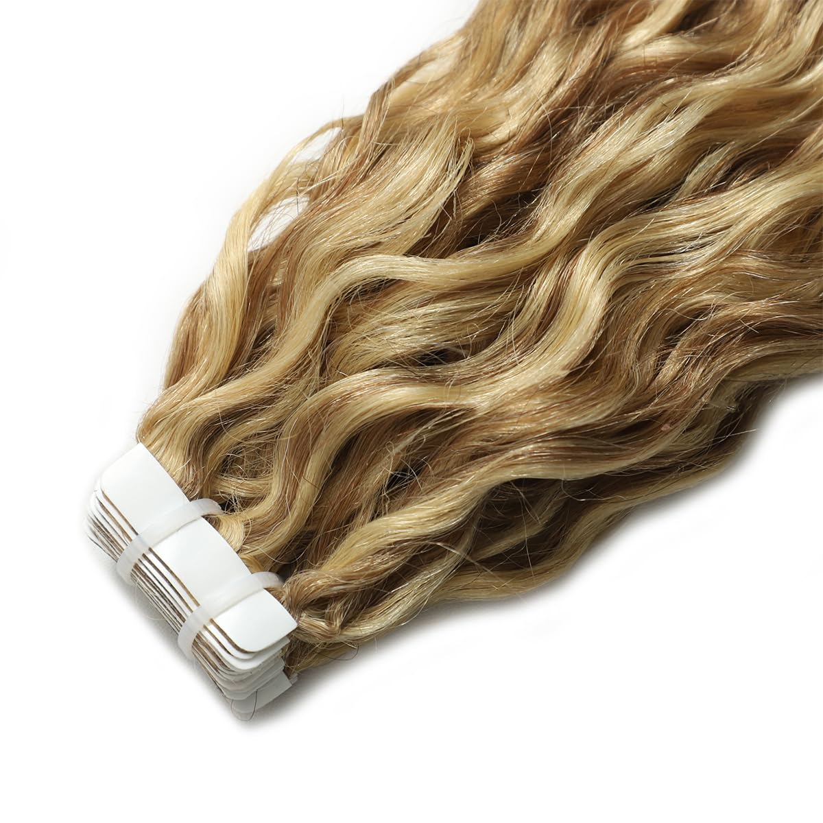 Extensiones adhesivas de pelo natural rizado suelto, con mechas rubias y marrón, onda natural Remy con cinta P8/613# 20 piezas, 50 g 45 cm/18 pulgadas