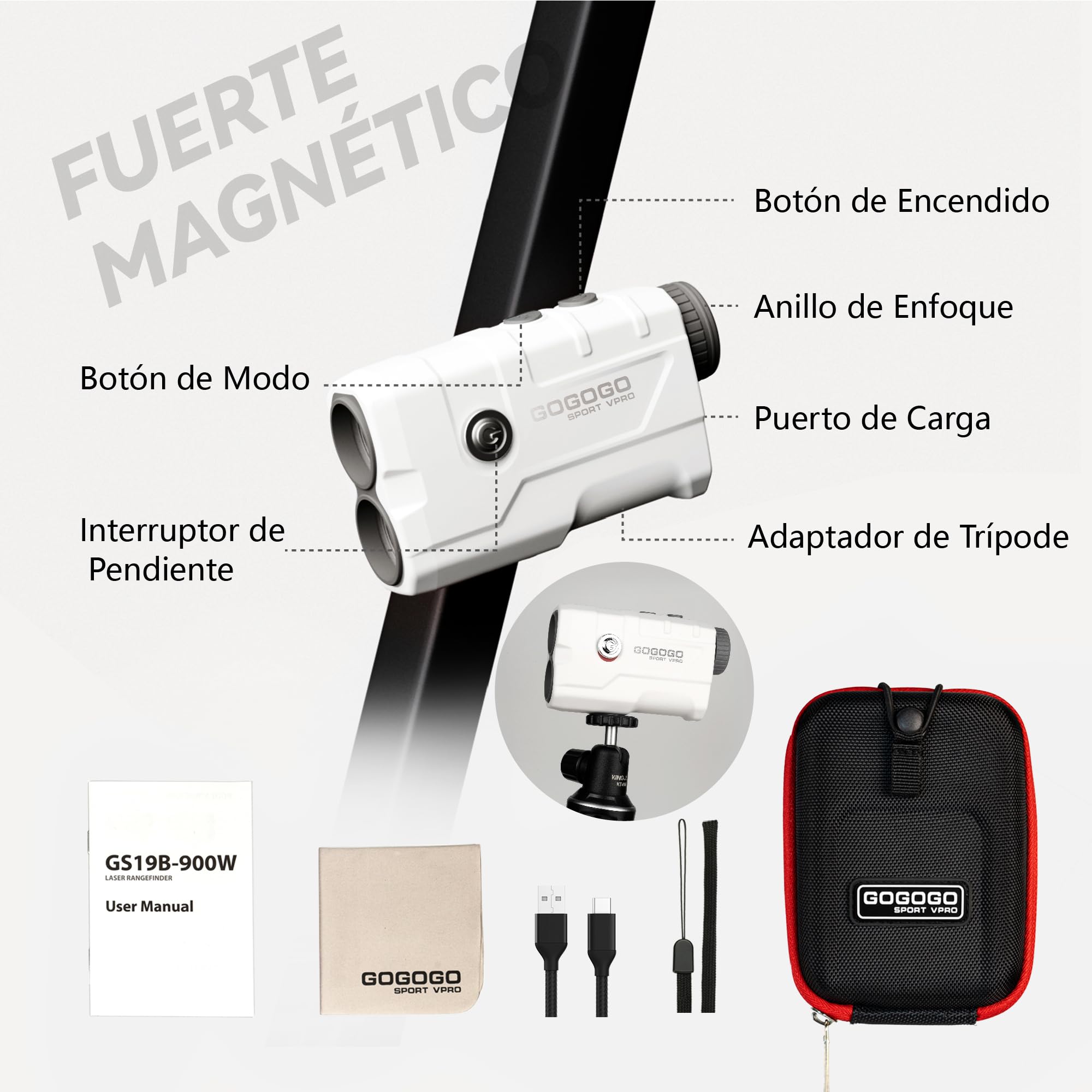Gogogo Sport Vpro Telémetro Golf Caza 823 M/Yardas Imán, Recargable Medidor Laser Golf 3 Modos para Pendiente Off/ON y Vibración de Bloqueo de Bandera, Escaneo, Velocidad, Pantalla HD Precisión ±1yd