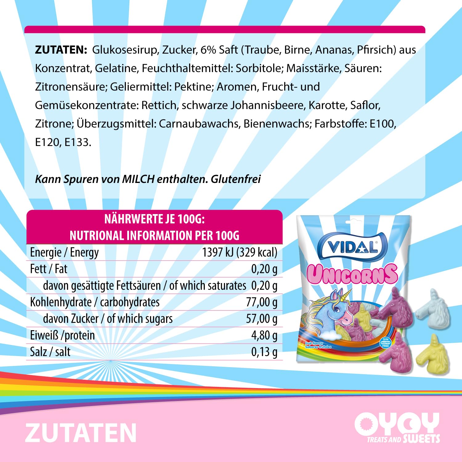 OYOY 50cm Schultüte gefüllt mit 515g Süßigkeiten Mix I Schultüte Fuchs I Einschulung Geschenk I Schultüte fertig gefüllt I Schultüte mittel mit Riesenlutscher Einhorn