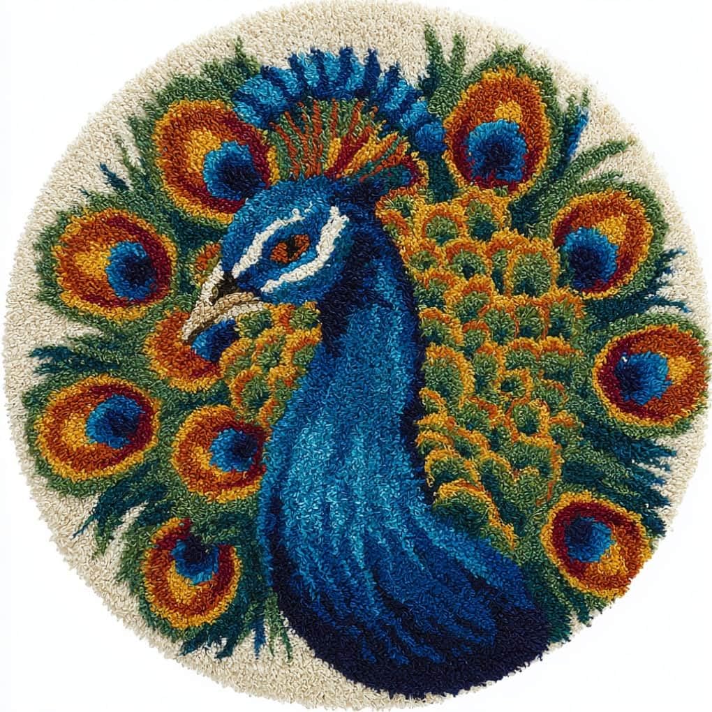 kitphoenix Round DIY Latch Hook Rug Kits Peacock 20X20Inch (50X50Cm) Easy for Beginners Round Carpet Crochet Yarn Craft Large Rug Hook and Latch Tapestry for Home Decor
