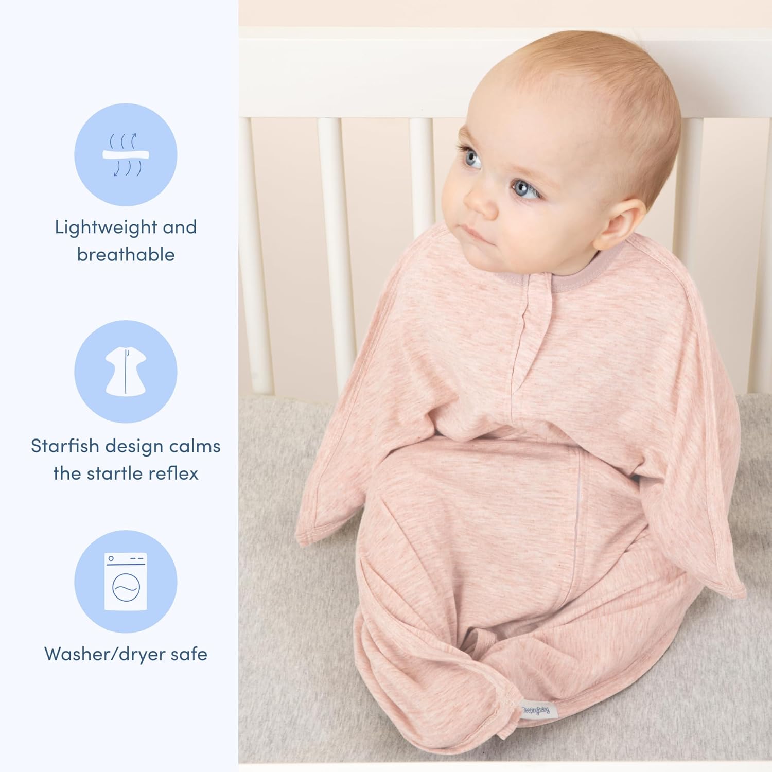SleepingBaby Zipadee-Zip Transition Swaddle - Cozy Baby Swaddling Blanket with Zipper Convenience - Roomy Wearable Blanket for Easy Diaper Changes - 4-8 Month - Ballet Pink Heather