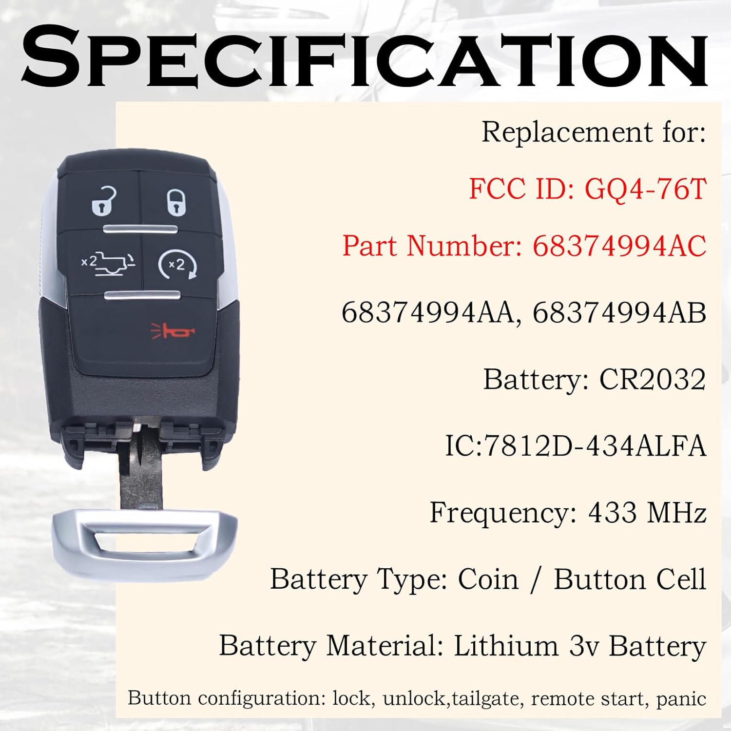 SUPALAND Keyless Entry Remote Control Key Fob Replacement Fits for Dodge Ram 2500 3500 4500 5500 2019 2020 2021 2022 2023 2024 GQ4-76T 68374994AC 68374994AA 68374994AB 5buttons