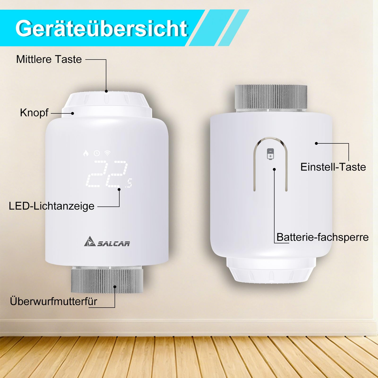 SALCAR Smartes Heizkörperthermostat WiFi TRV603 Thermostat Heizung Kompatibel mit Amazon Alexa & Google Assistant Programmierbar Heizungsthermostat Tuya Smartes Heizkörper kein Gateway erforderlich
