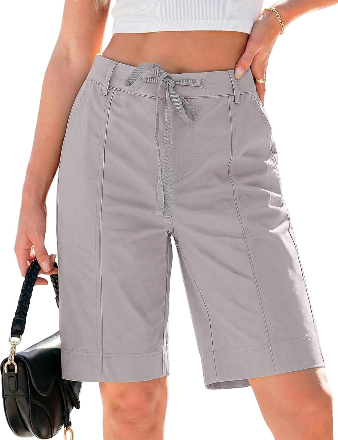 luvamia Bermuda Shorts for Women Trendy High Waist Knee Length Chino Long Shorts Drawstring Summer Casual Short 9"