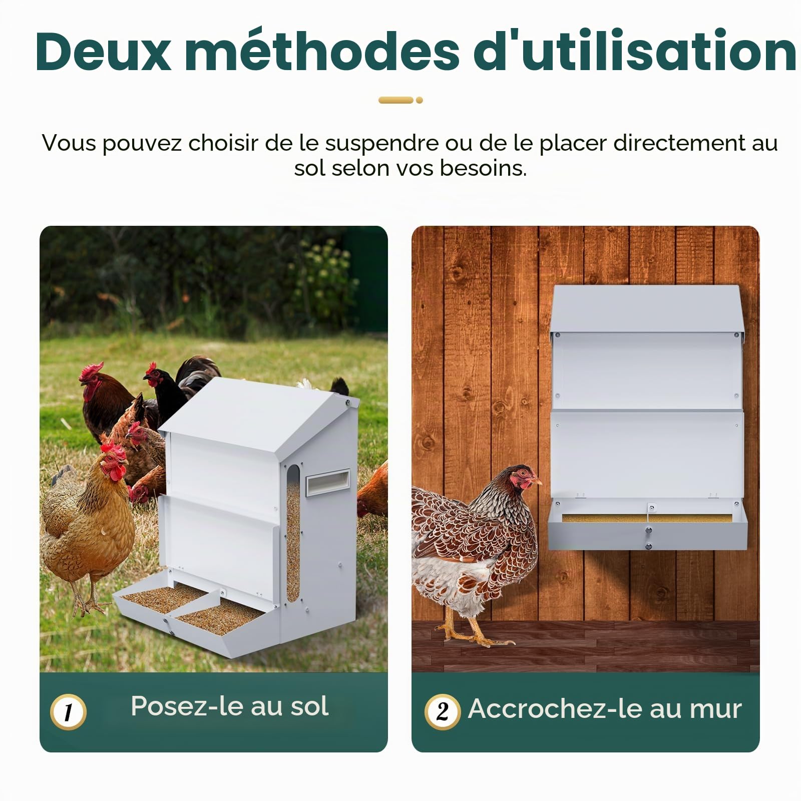 Mangeoire Automatique pour Poules de 25LBS Sans Déchets Mangeoire à Volaille avec Pelle Montage Mural Distributeur de Nourriture pour Volailles