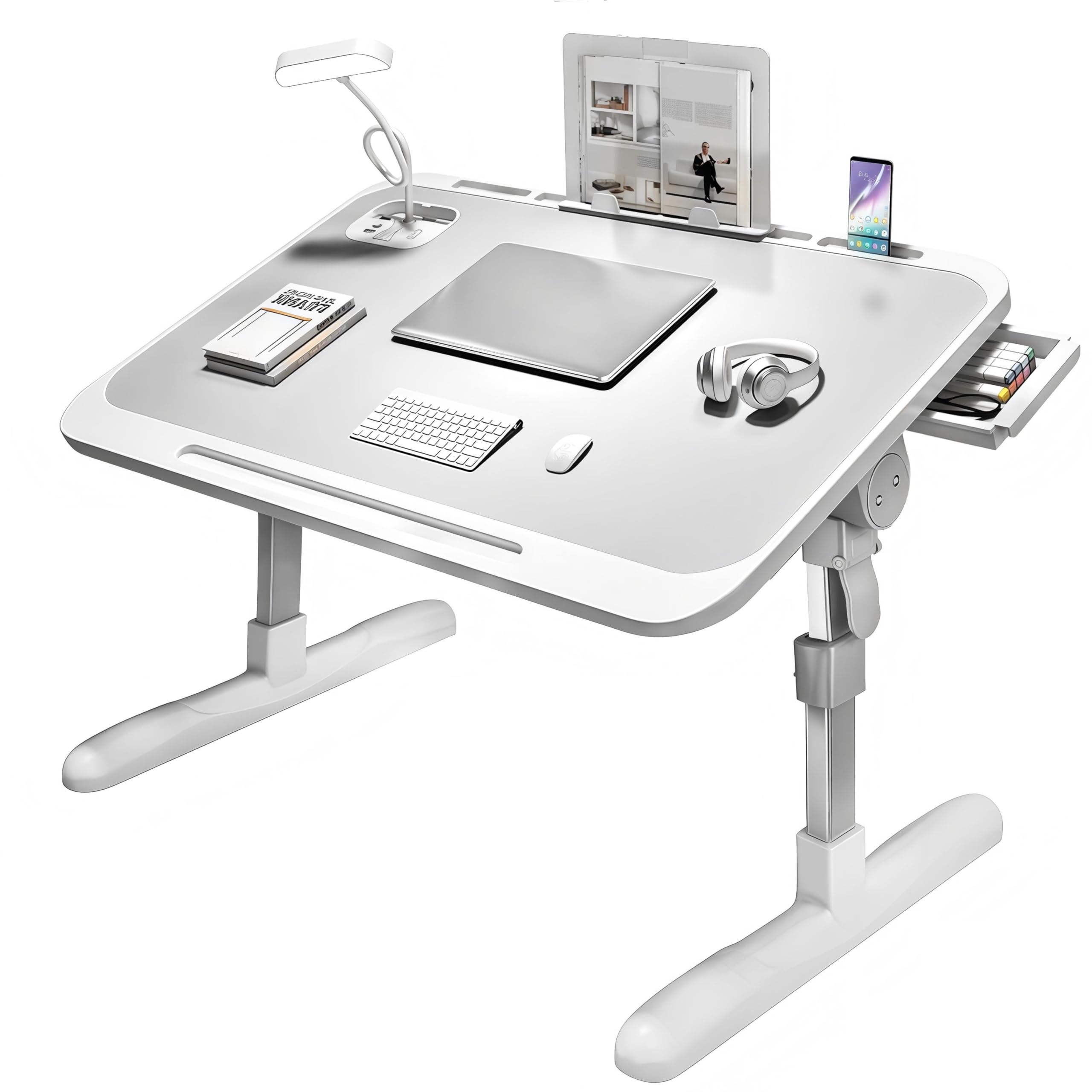 Laptop Bed Table, Laptop Desk for Bed, Foldable Laptop Bed Desk with USB/Wireless Charge Port, Desktop Card Slot, Side Drawer, Portable Laptop Table for Bed Eating Reading Working