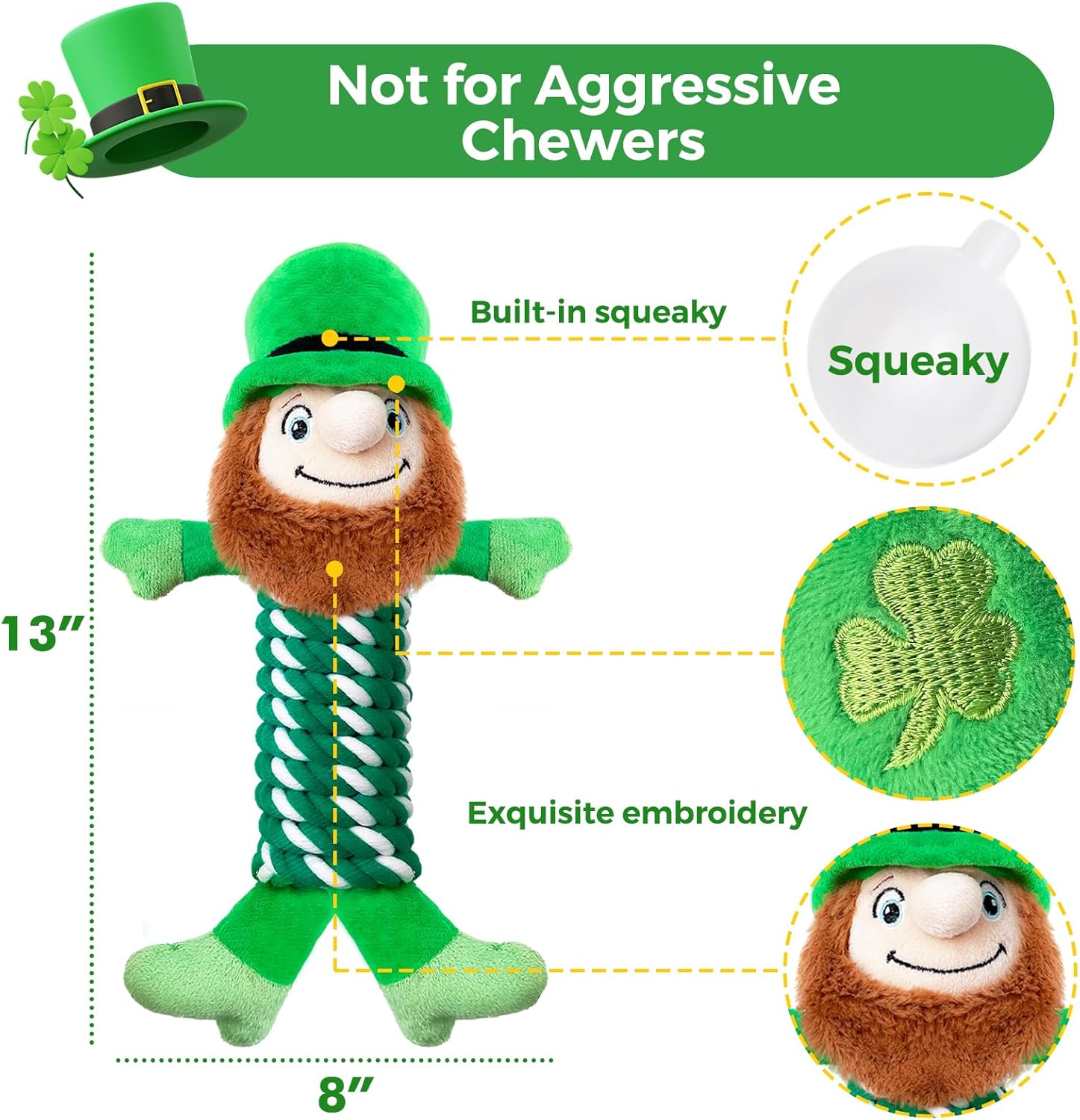 St. Patrick's Day Dog Toy, Green Rope Toys with Squeaky, Tug of War Dog Teeth Cleaning, St. Patrick's Day Gifts for Small Medium and Large Dogs