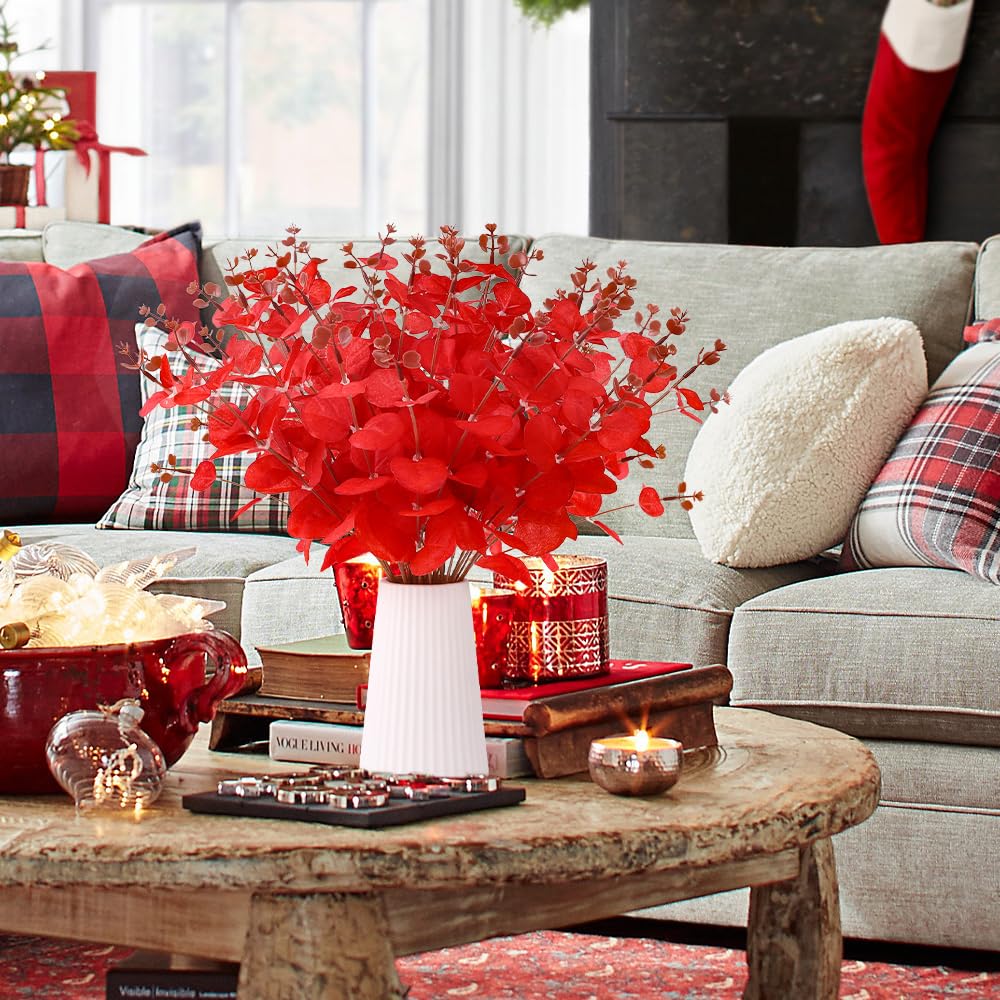 DIYDEC Künstliche Weihnachtsblumen, 2 Stile, rote Eukalyptus-Stiele für Tischdekoration, künstliche Eukalyptusblätter, Zweige für Weihnachtsbaum, Zuhause, Party-Dekoration, 18 Stück