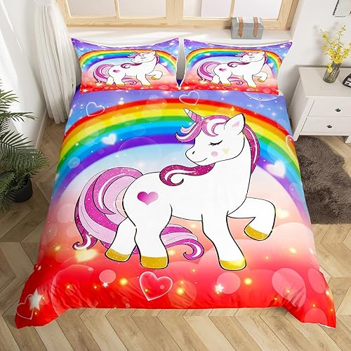 Miniatura 3 de Erosebridal Funda de edredón de unicornio tamaño matrimonial, juego de ropa de cama de arcoíris para niñas y niños, bonita funda de edredón de