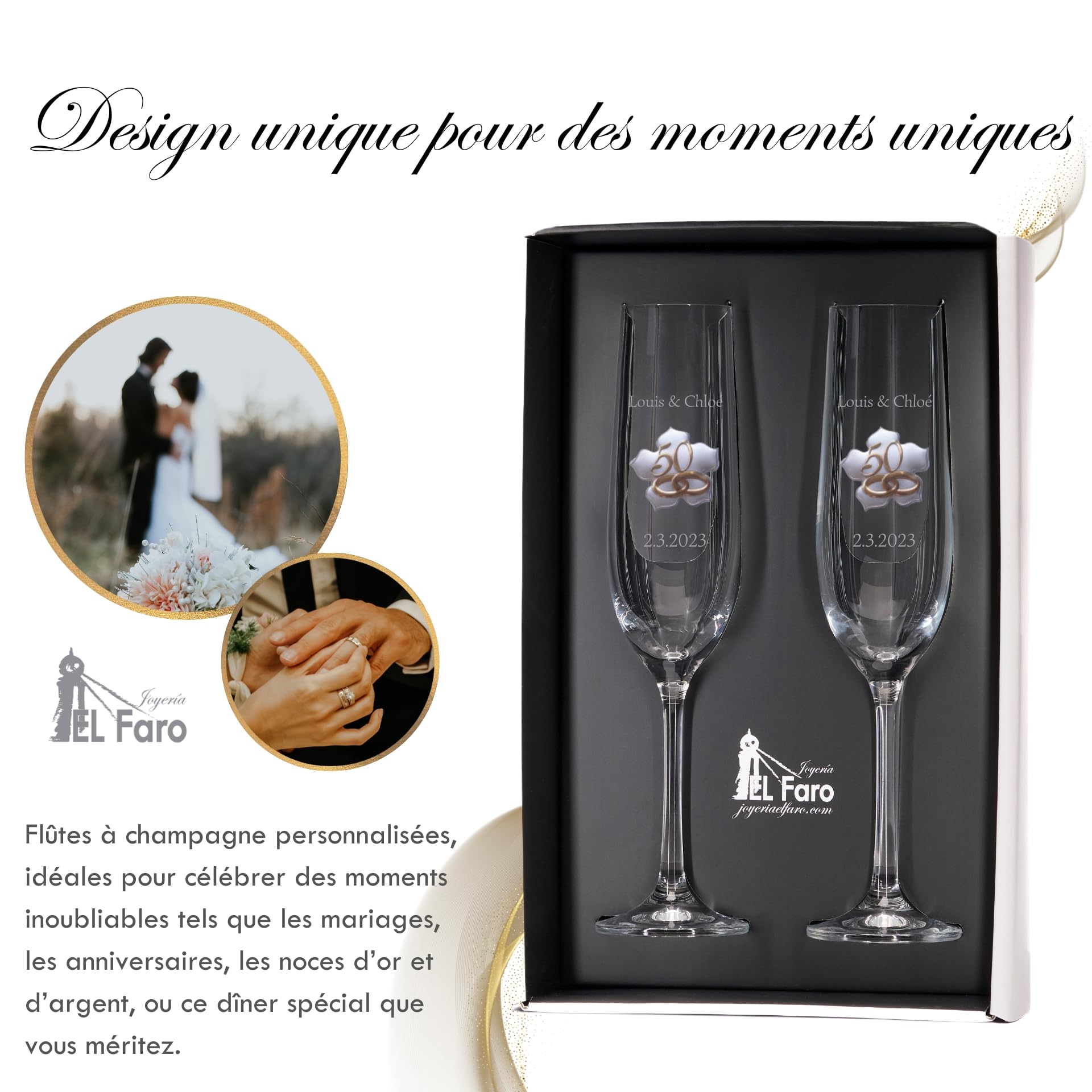 JOYERÍA EL FARO Flûtes 50e anniversaire de mariage personnalisées | Cristal de Bohême haute résistance, Coffret premium inclus