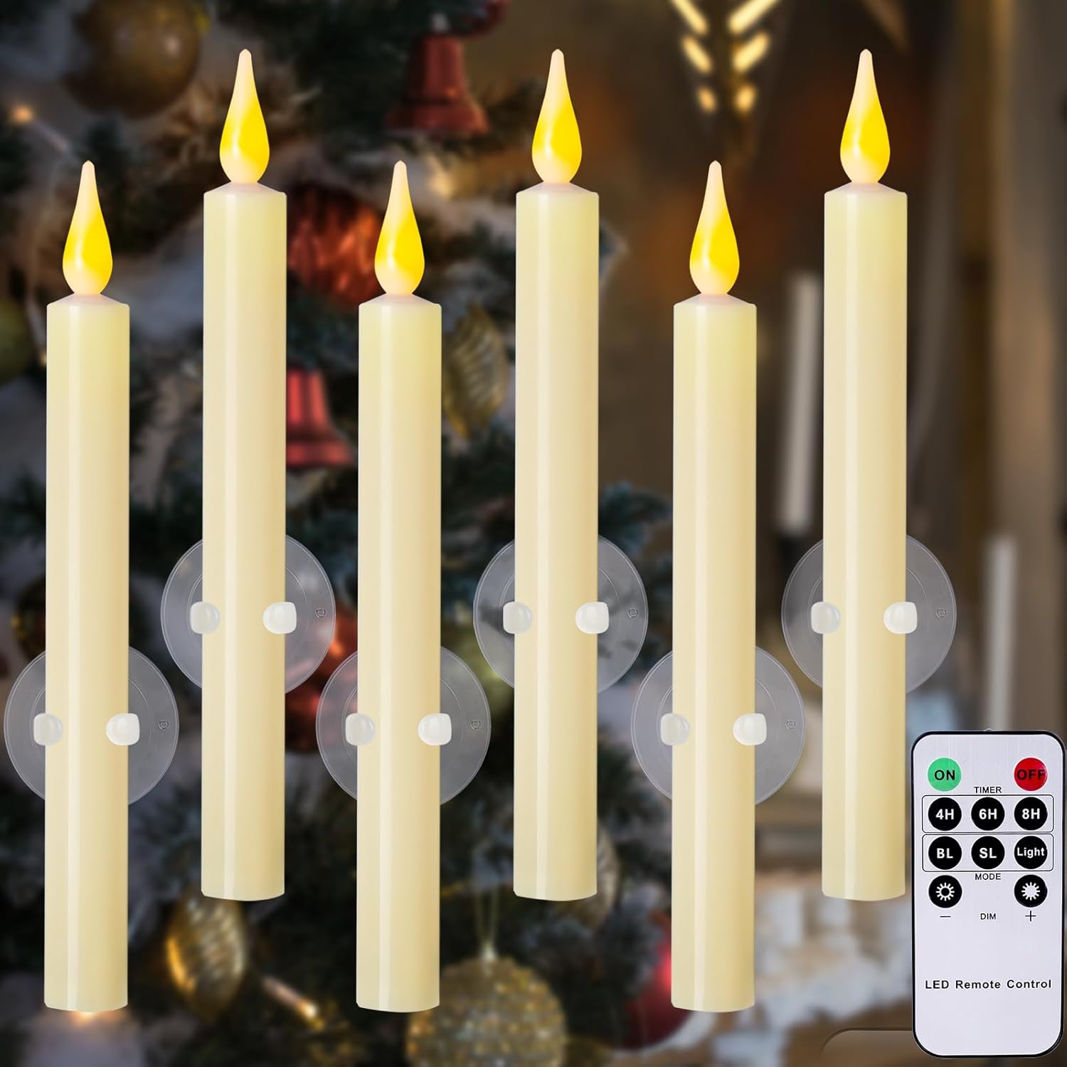 Christmas Window Candles with Remote Timer, Flameless Taper Candles with Suction Cups and Magnetic Base Battery Operated Flickering Candle for Christmas Halloween Decoration (6 Pack)