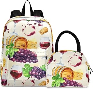 MCHIVER Grapes Cheese Barrel Beige School Backpacks for Boys & Girls Light Weight Bookbag set with Lunch Box Laptop Backpacks for School Work 2 Pcs 16.5 Inch