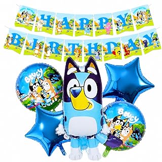 Bluey Birthday Decoration Combo Set, 5pcs Bluey Foil Balloons with Happy Birthday Banner, Cartoon Theme Party Supplies for Kids Boys & Girls Birthday Decoration Kit