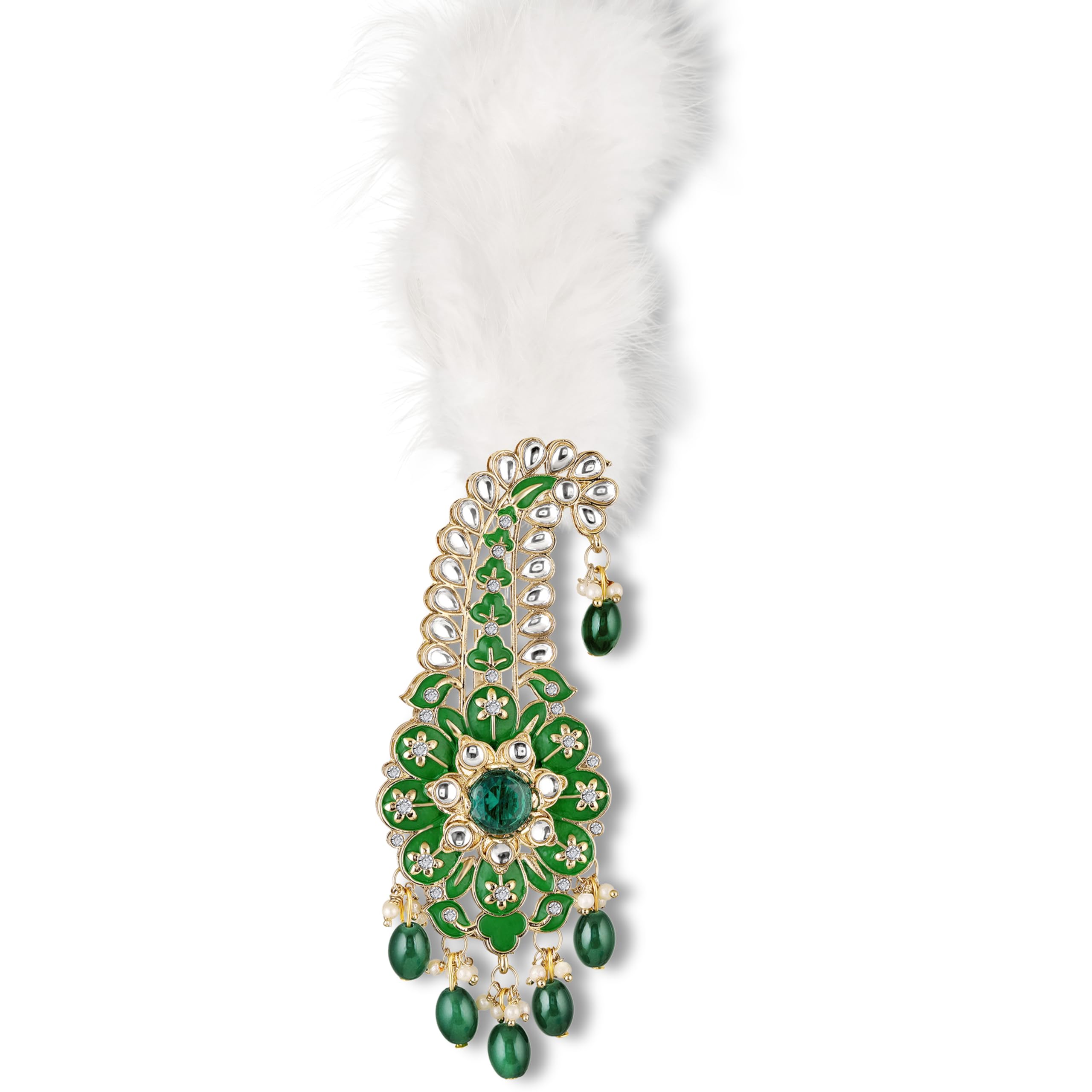 Royal Green Meenakari Enamelled Kalangi with White Feather (Pagdi/Safa Brooch) for Groom (PAKL1001027PR)-image-14