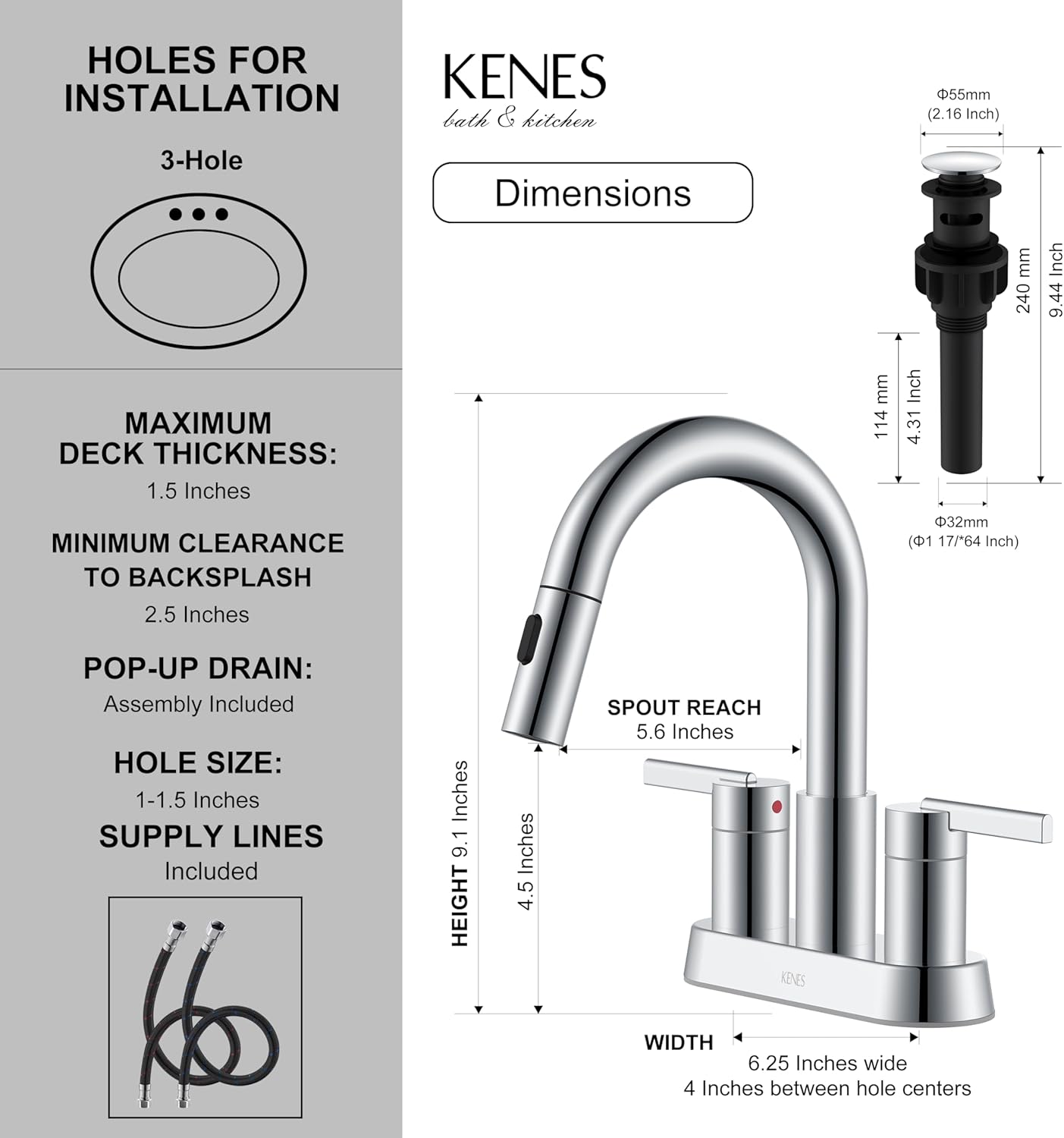 KENES Chrome Centerset Bathroom Faucet with Pull Down Sprayer, 4 Inch 2 Handle Pull Out Bathroom Faucet 3 Hole, Bathroom Sink Faucet with Pop Up Drain & Supply Lines LJ-9069-5