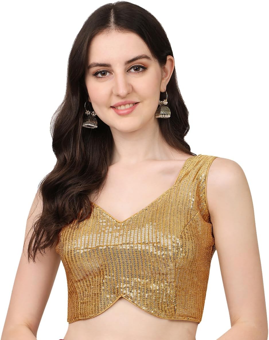 Vihu Fashion Multicolored Women's Blouse with Sweetheart Neckline, Georgette, Soft Sequence, Zari, Working Sleeves, Ready-Made Sari Blouse