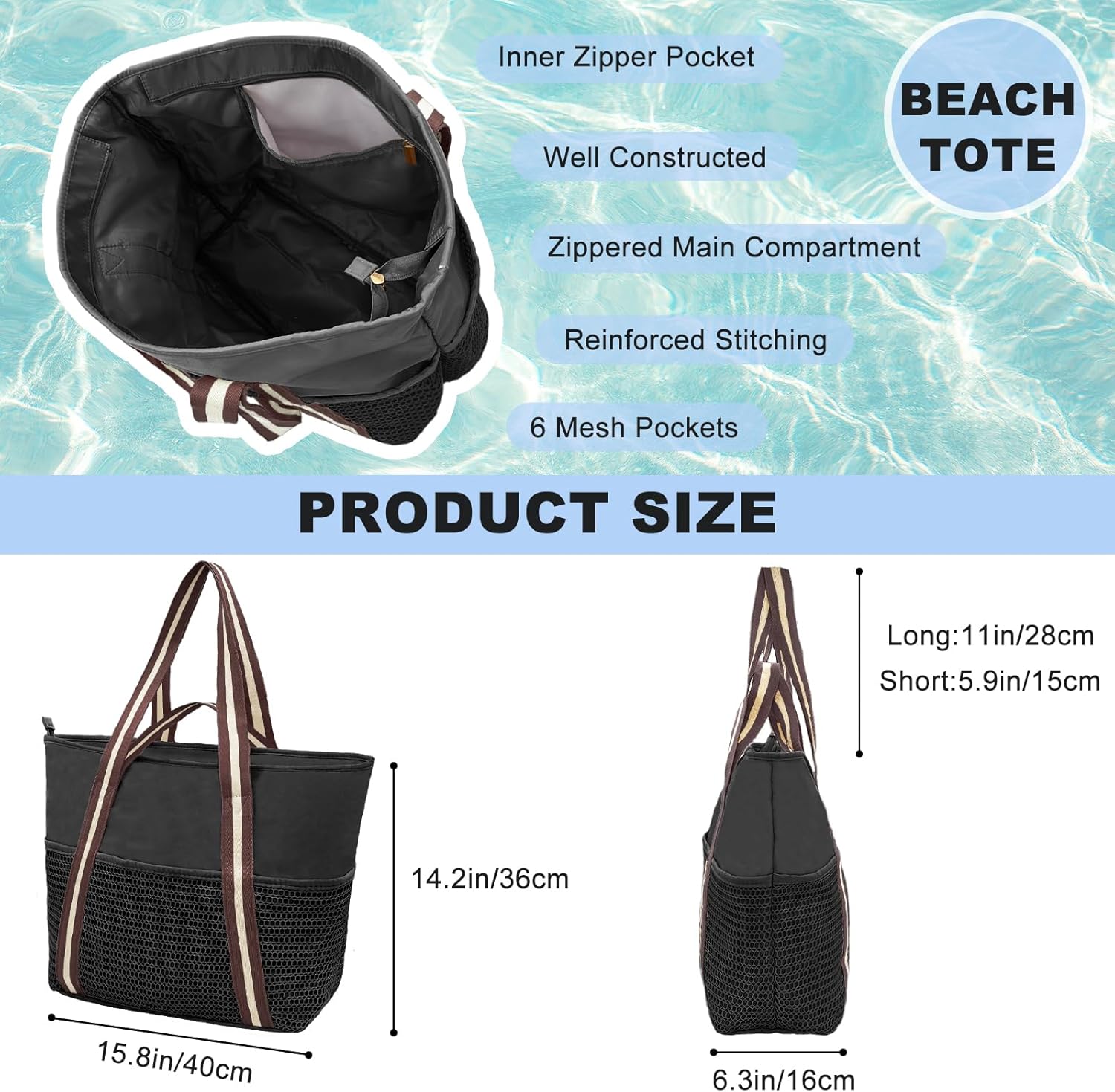 lifwimner Beach Tote Bag Waterproof Sandproof Mesh Swiming Pool Bag with Zipper for Summer Vacation - Image 3
