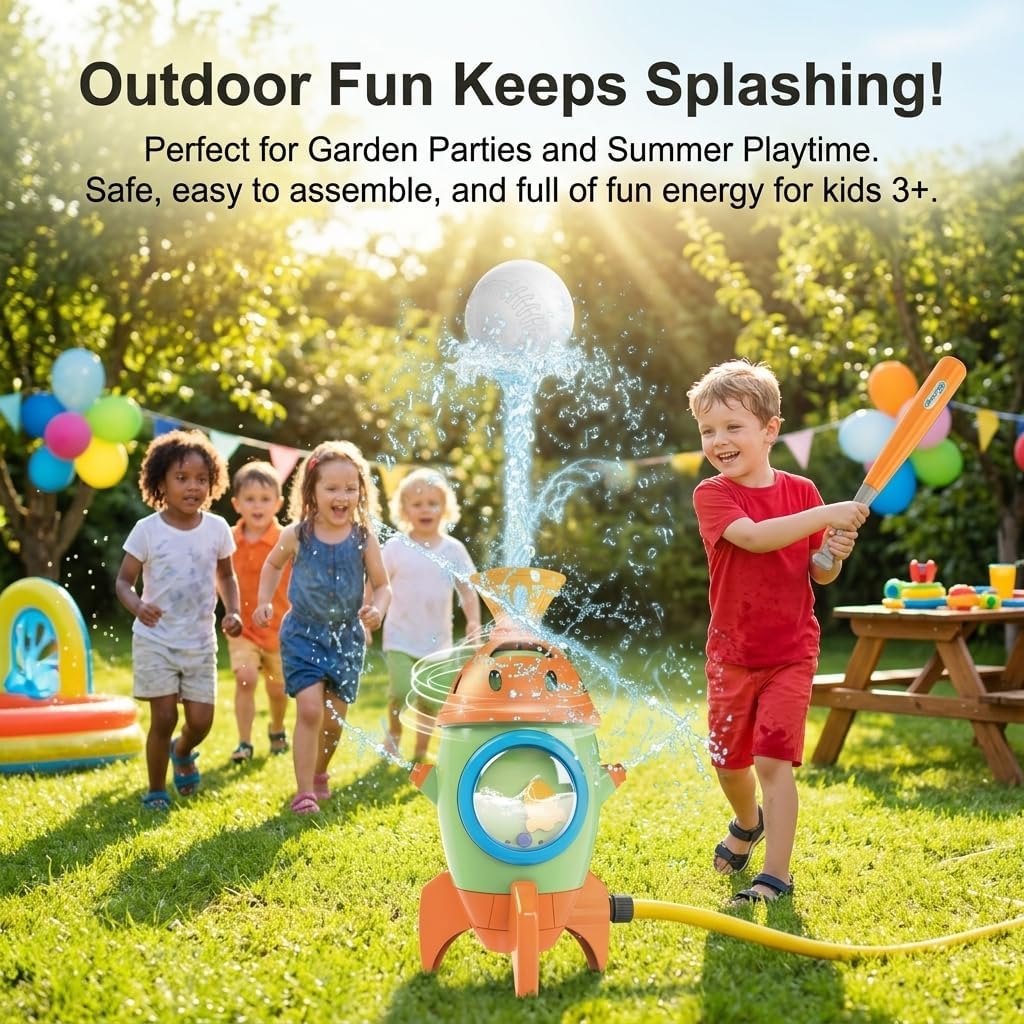 Rocket Water Sprinklers T Ball Set & Water Ball Toy (Orange), Kids Water Spray Toy for Backyard Outdoor Summer Games, Outside Water Play Toys for Boys Girls Toddlers Ages 3-8