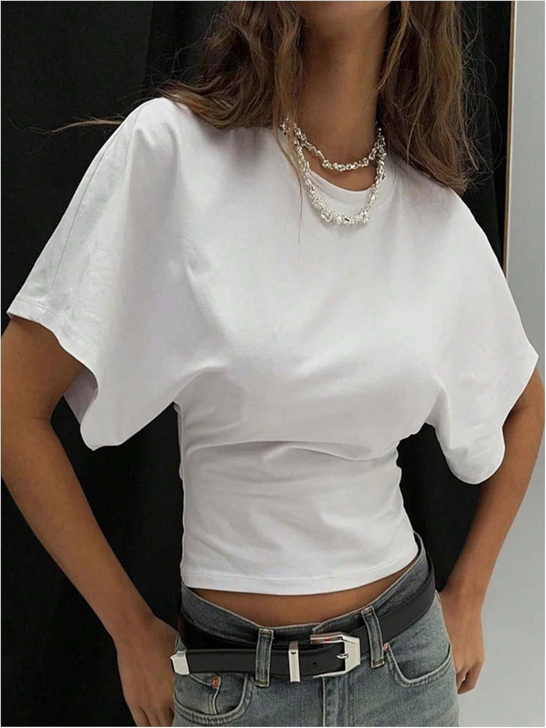 GORGLITTER Women's Dolman Short Sleeve Cinched Waist Tops Ruched Crew Neck Fitted Crop Tops Casual Going Out Outfits - Image 6